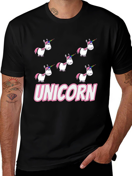Unicorn Cartoon Print Black T-Shirt