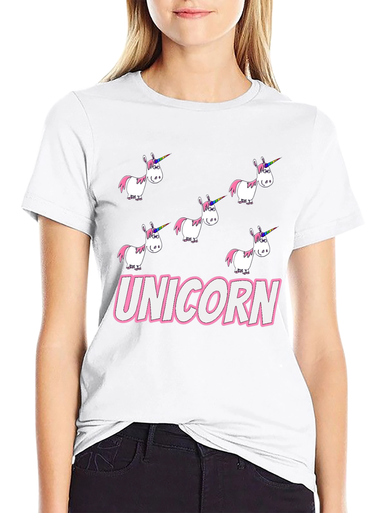 Unicorn Cartoon Print Black T-Shirt