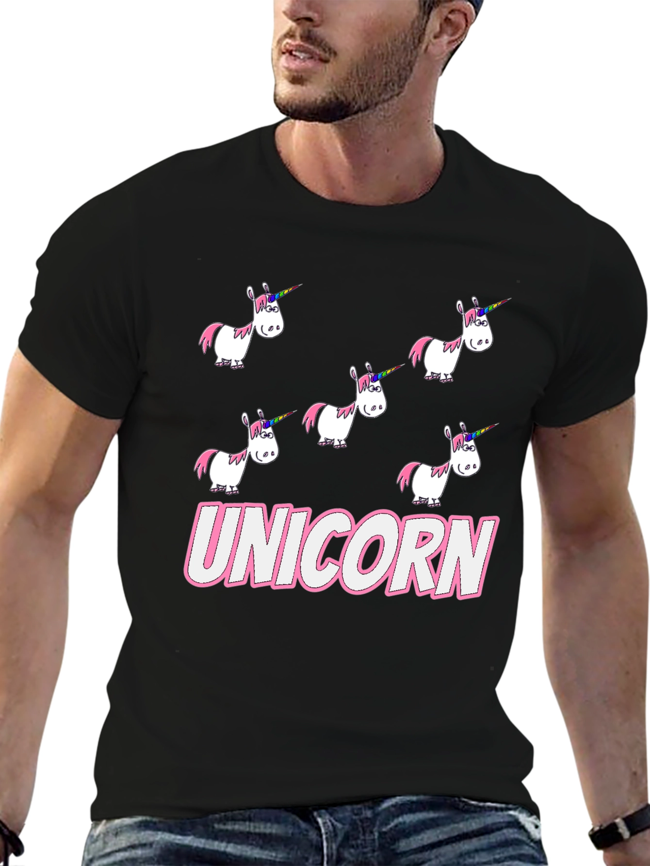 Unicorn Cartoon Print Black T-Shirt