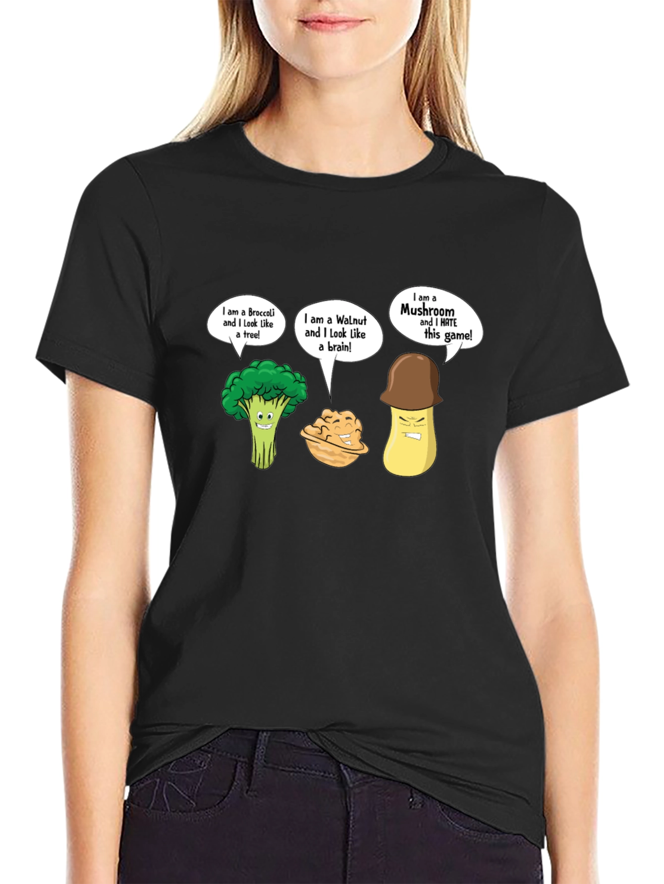 Funny Cartoon Vegetables Black T-Shirt