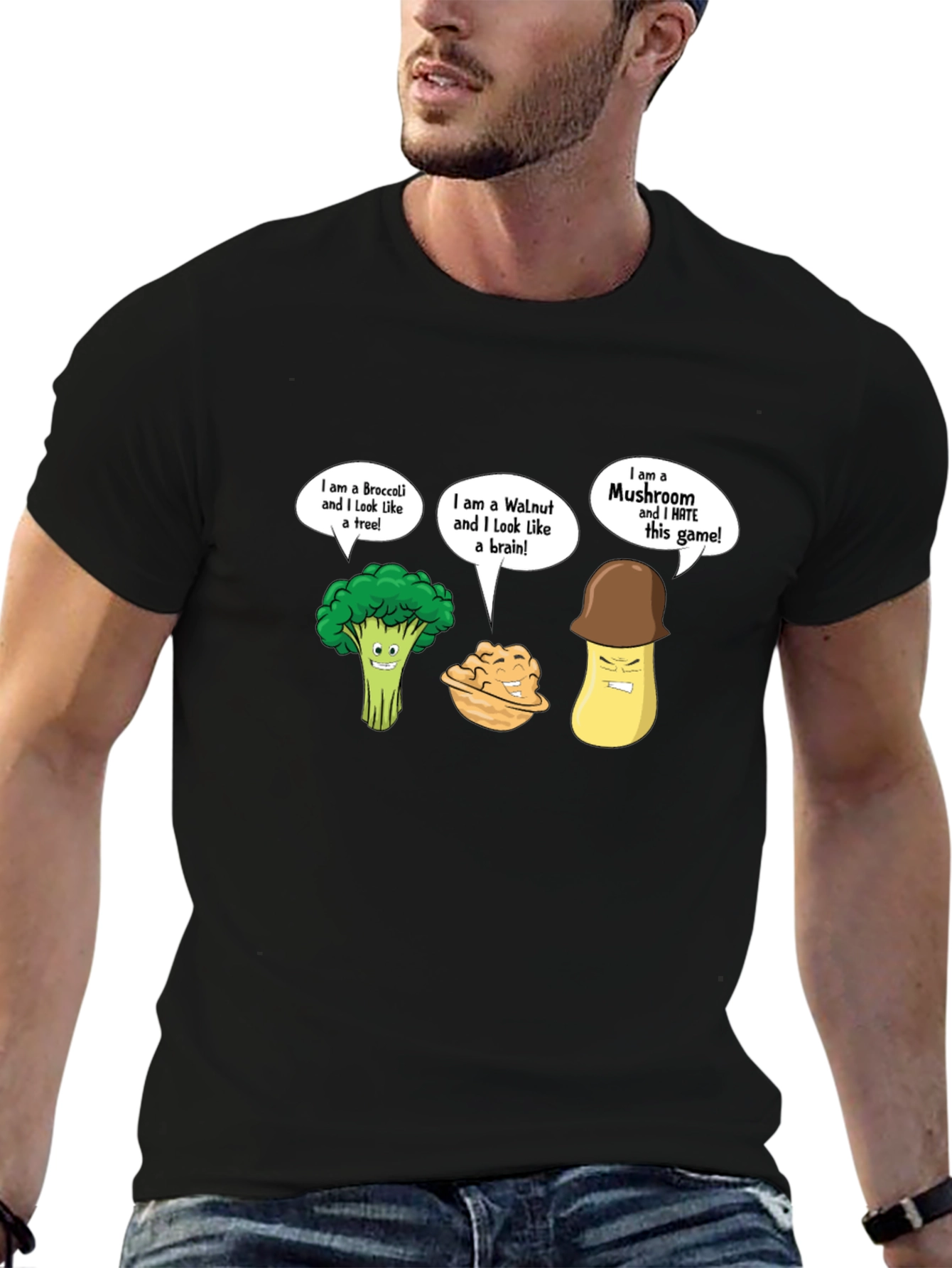 Funny Cartoon Vegetables Black T-Shirt