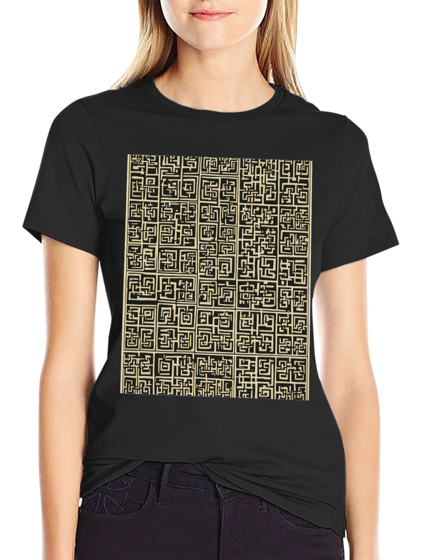 Abstract Maze Pattern Black T-Shirt