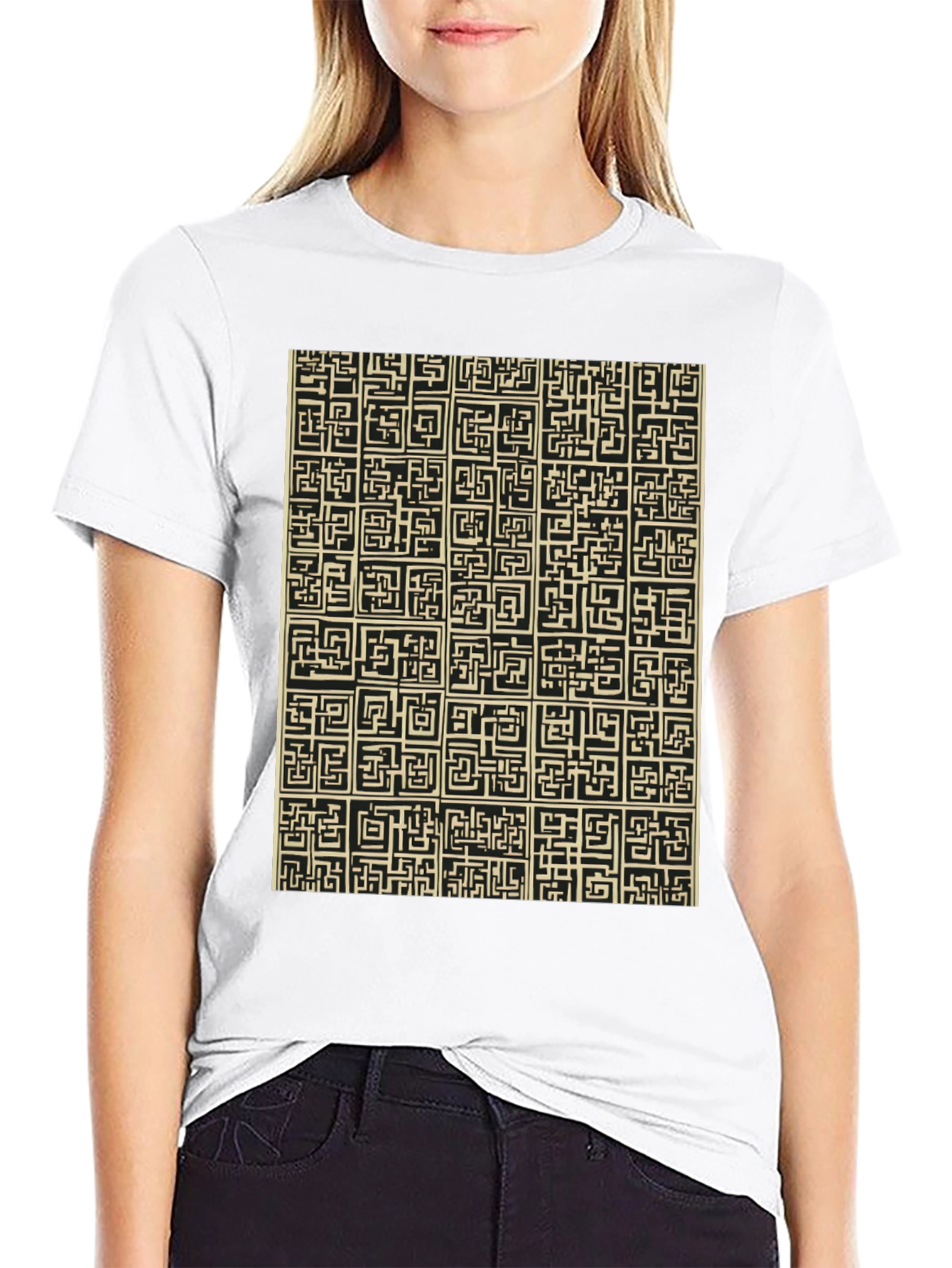Abstract Maze Pattern Black T-Shirt