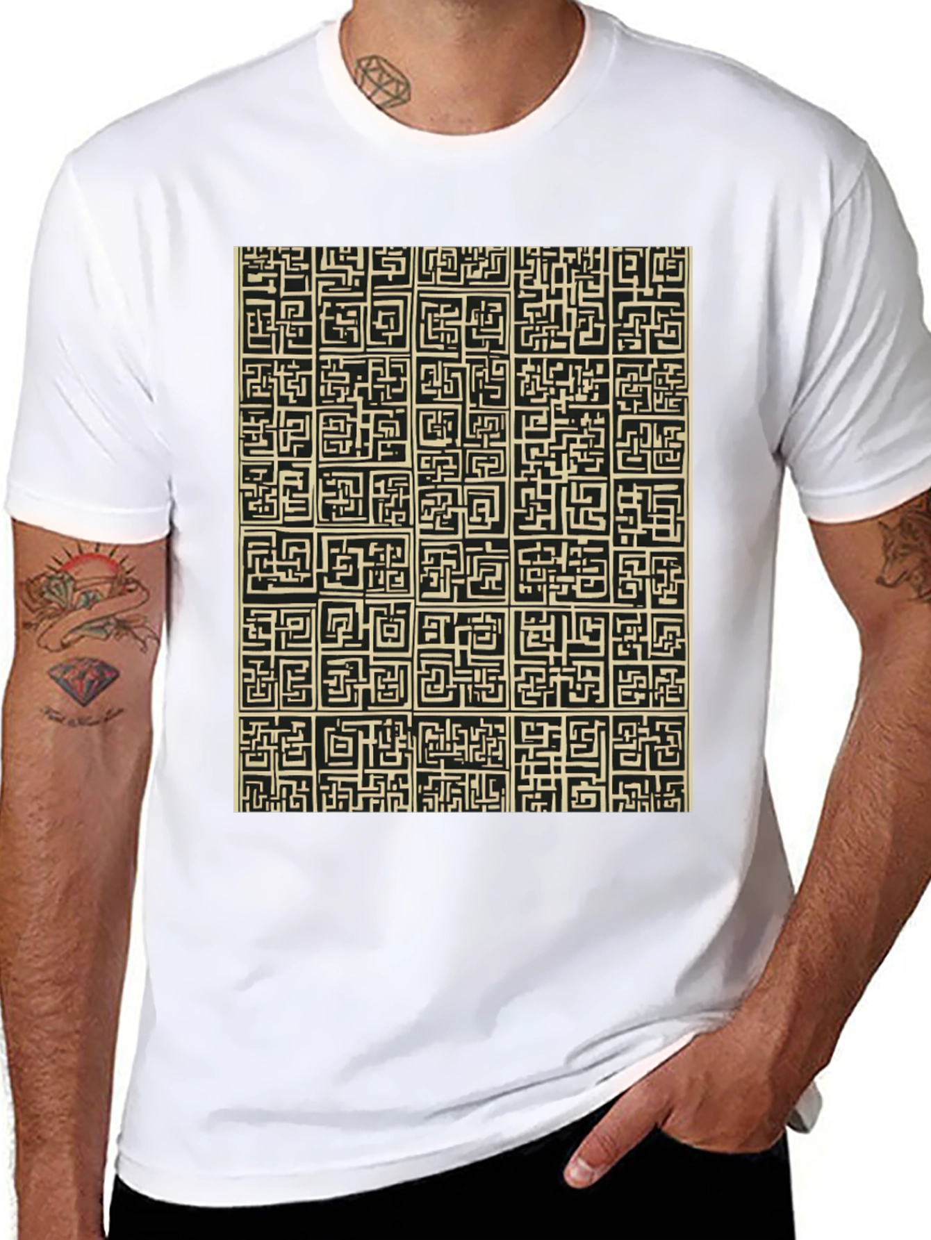 Abstract Maze Pattern Black T-Shirt