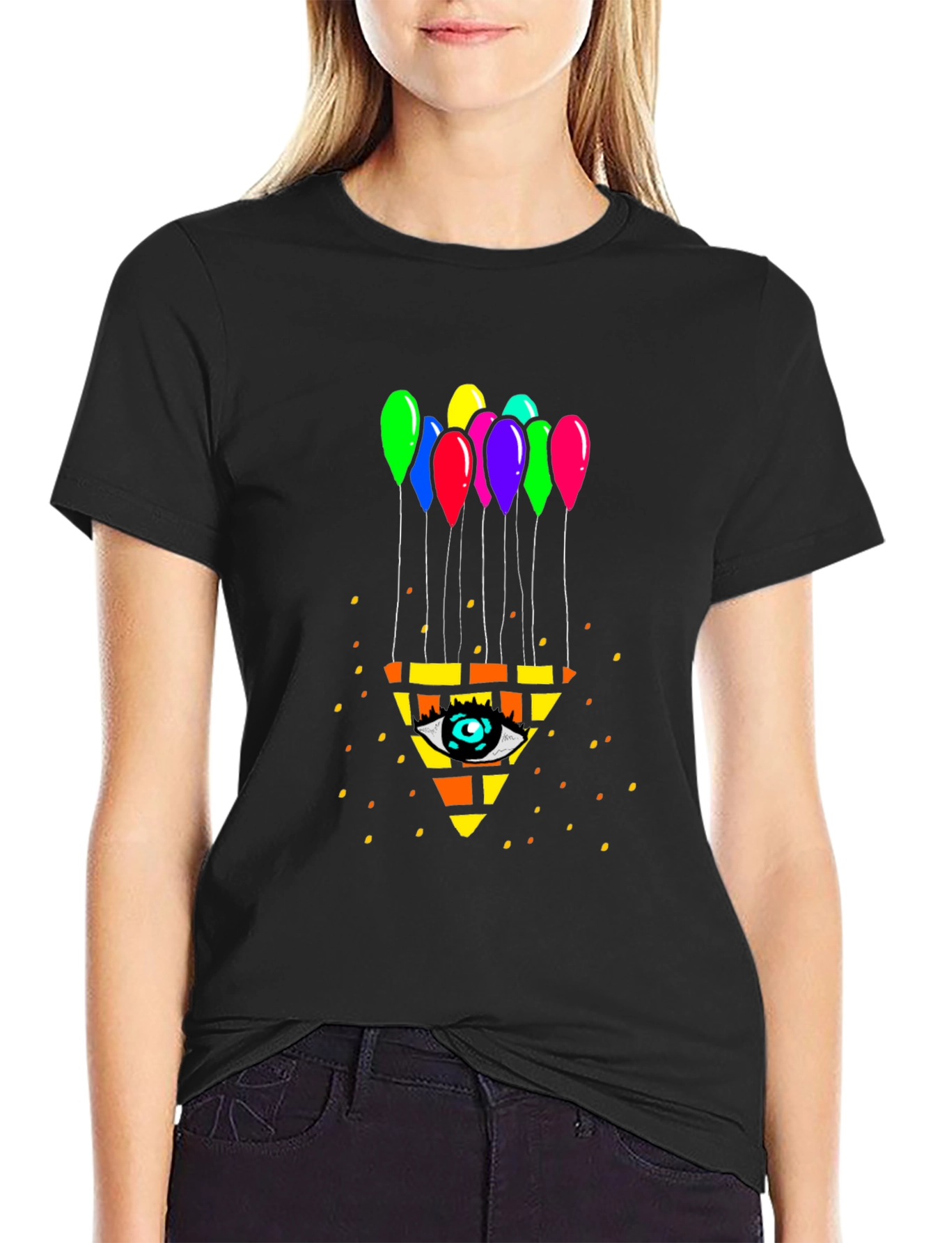 Eye Pyramid Balloons Graphic Black T-Shirt