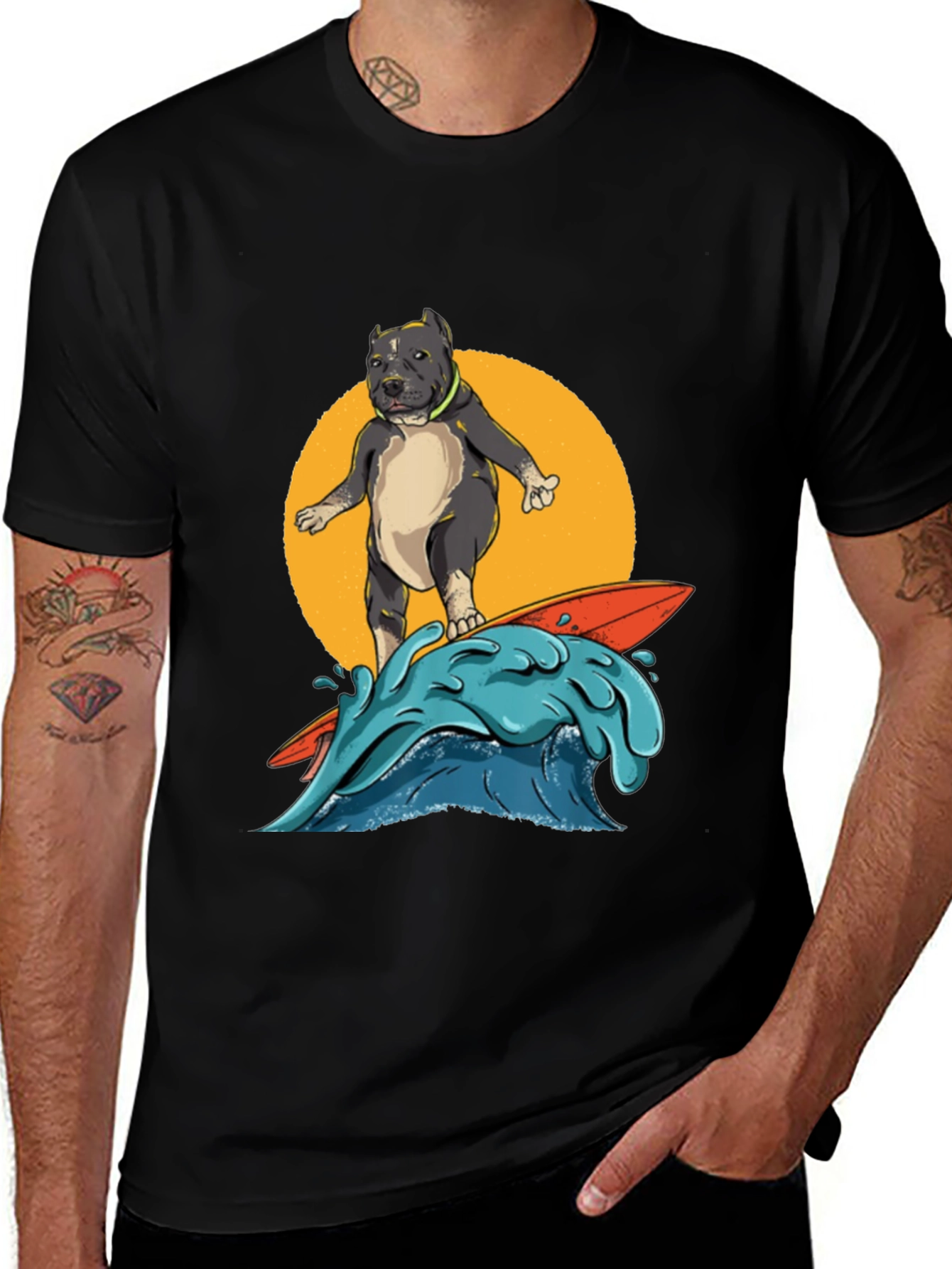 Surfing Pitbull Graphic Tee - Cool Dog Lover Shirt
