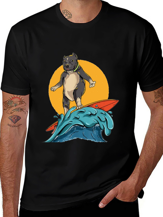 Surfing Pitbull Graphic Tee - Cool Dog Lover Shirt