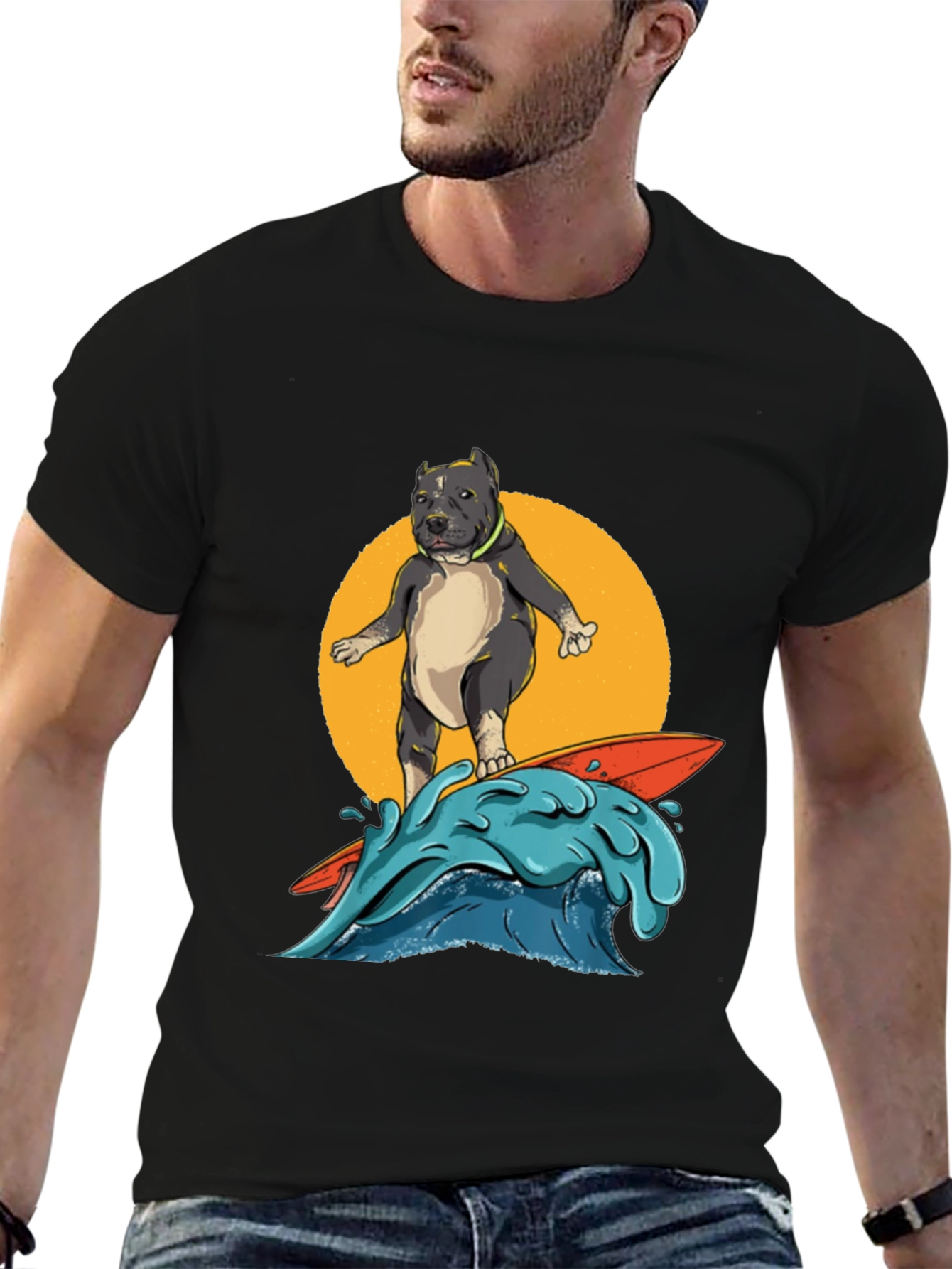 Surfing Pitbull Graphic Tee - Cool Dog Lover Shirt