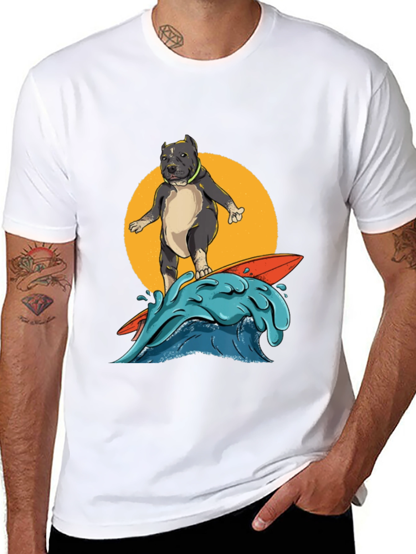 Surfing Pitbull Graphic Tee - Cool Dog Lover Shirt