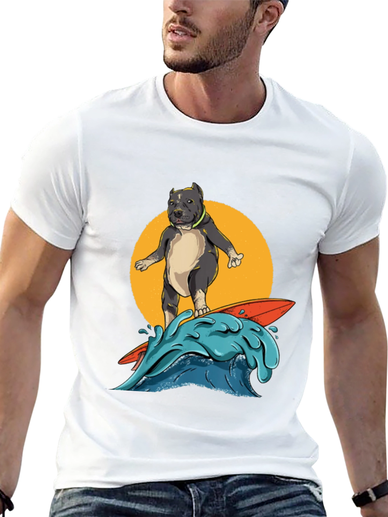 Surfing Pitbull Graphic Tee - Cool Dog Lover Shirt