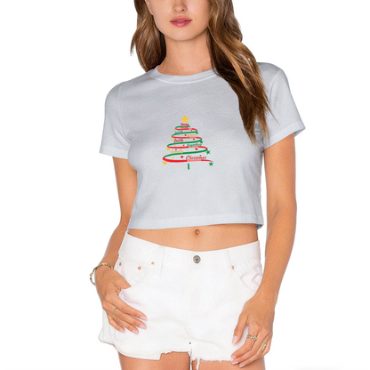Inspirational Word Art Christmas Tree Faith Family Joy Women Crop Tee