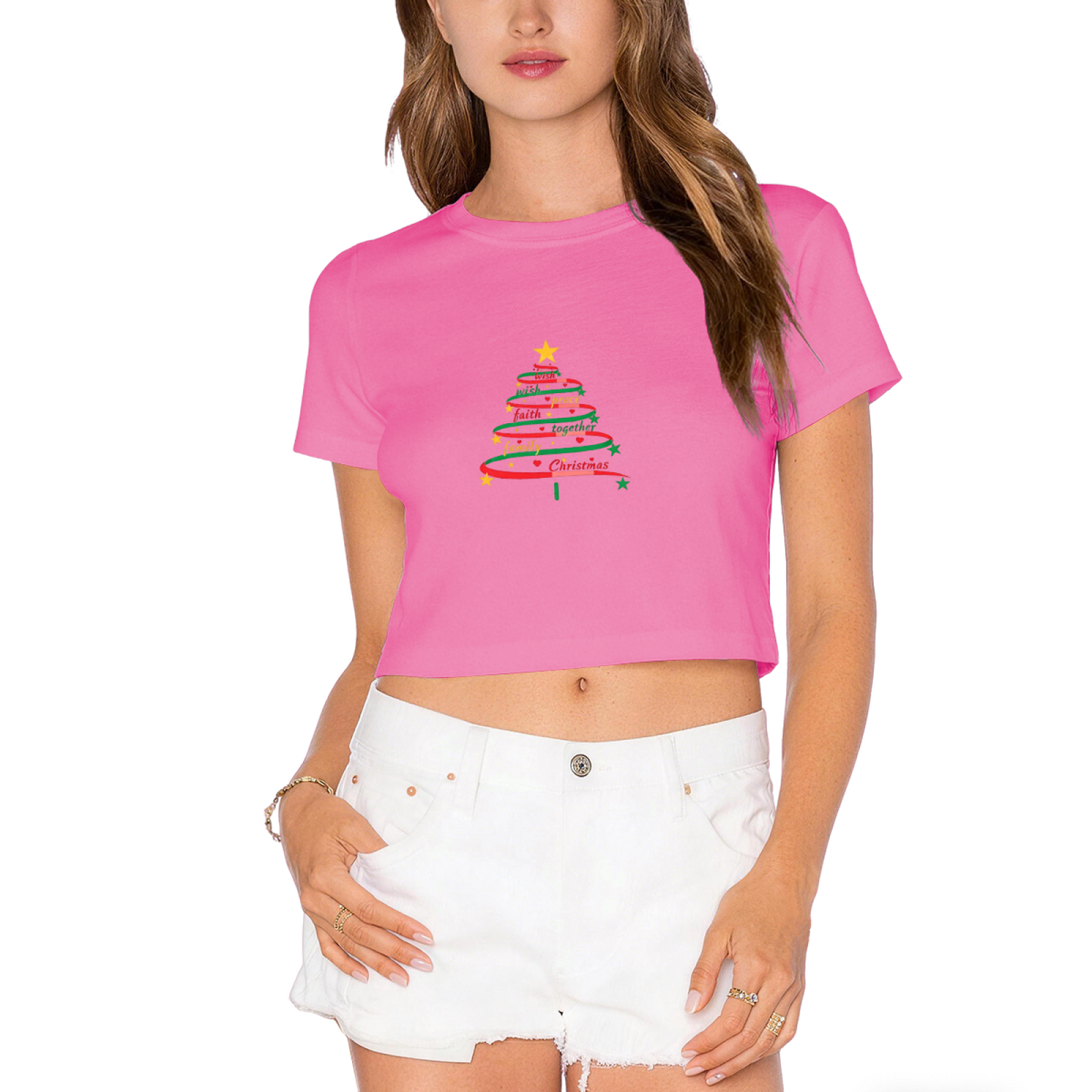 Inspirational Word Art Christmas Tree Faith Family Joy Women Crop Tee