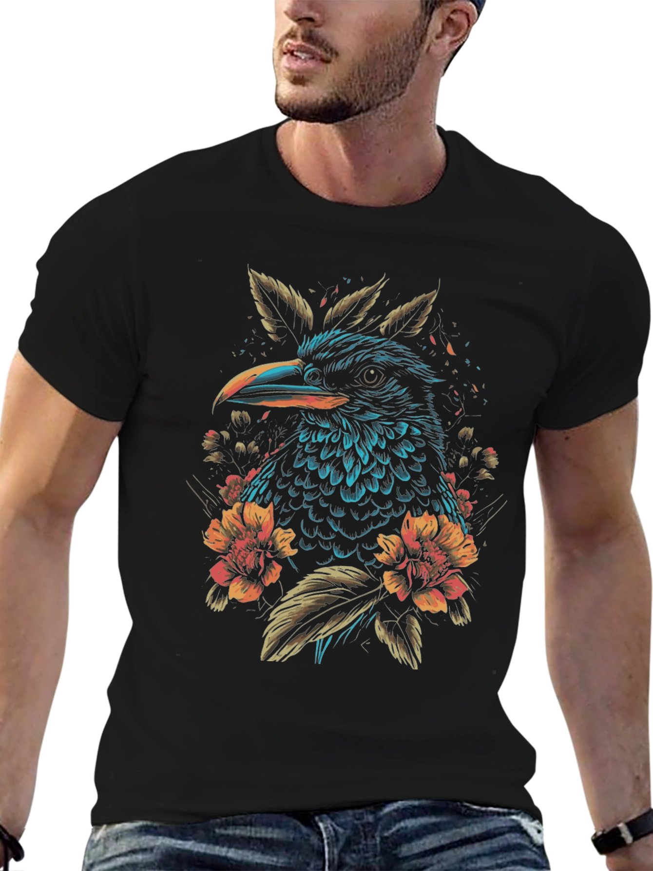 Raven and Floral Graphic Print Black T-Shirt