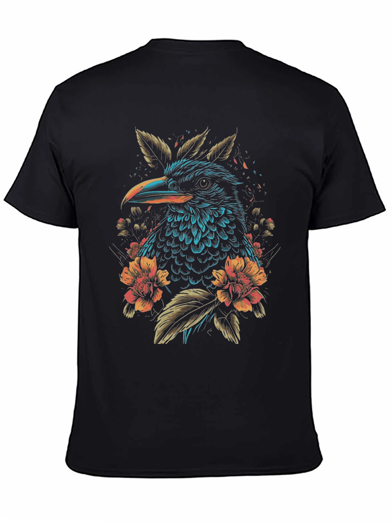 Raven and Floral Graphic Print Black T-Shirt