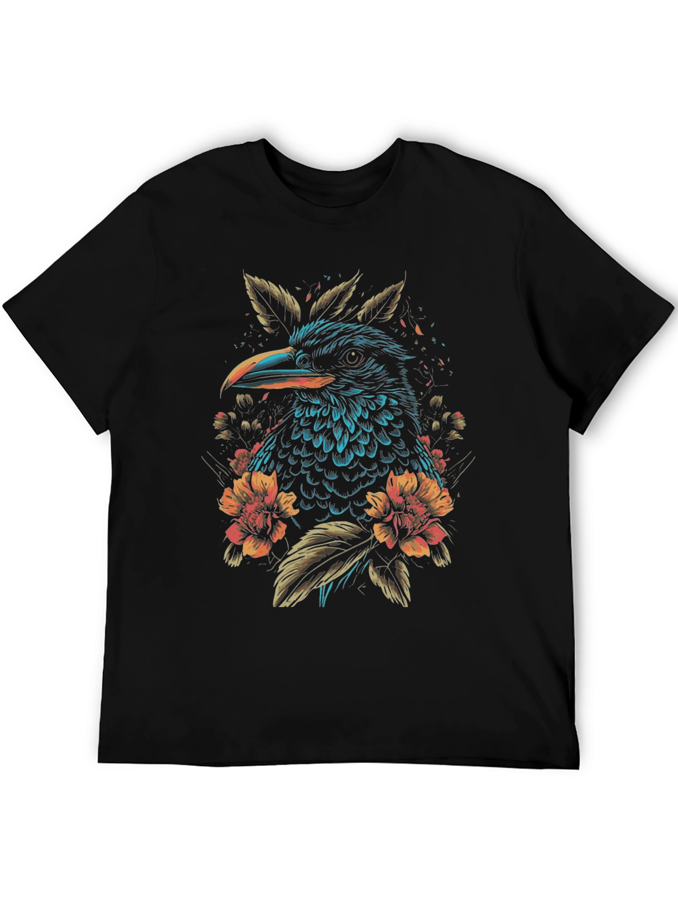 Raven and Floral Graphic Print Black T-Shirt
