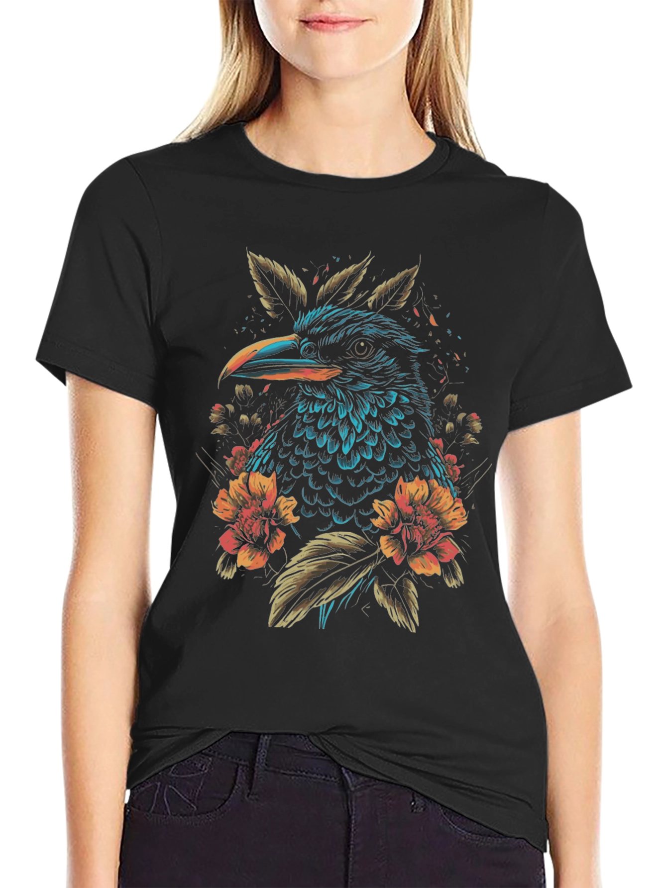 Raven and Floral Graphic Print Black T-Shirt