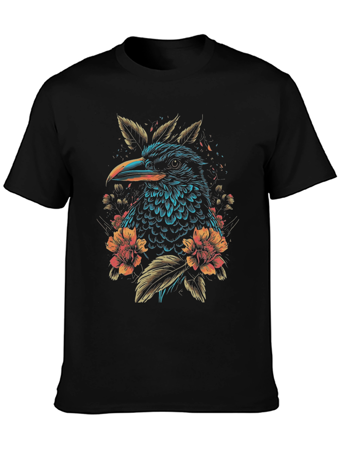 Raven and Floral Graphic Print Black T-Shirt