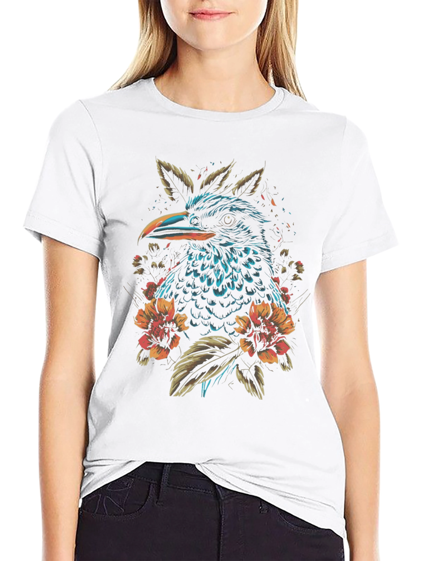 Raven and Floral Graphic Print Black T-Shirt