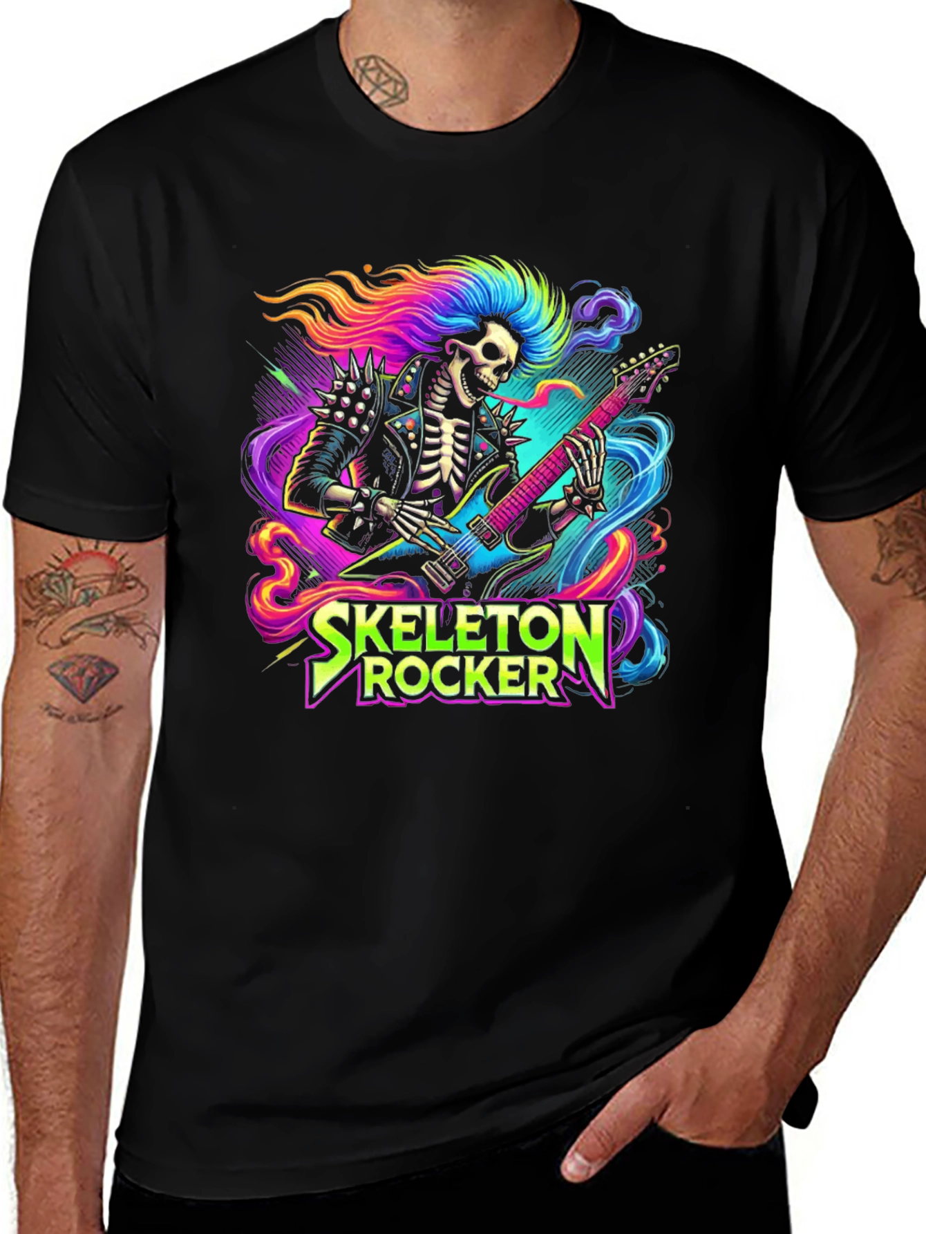 Skeleton Rocker T-Shirt - Neon Punk Design