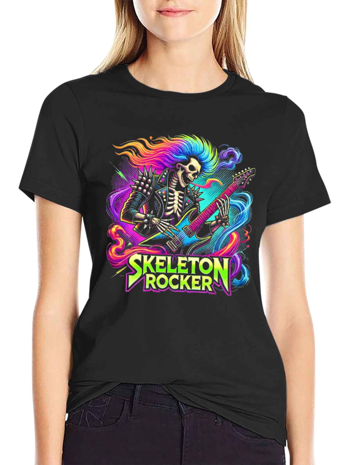 Skeleton Rocker T-Shirt - Neon Punk Design