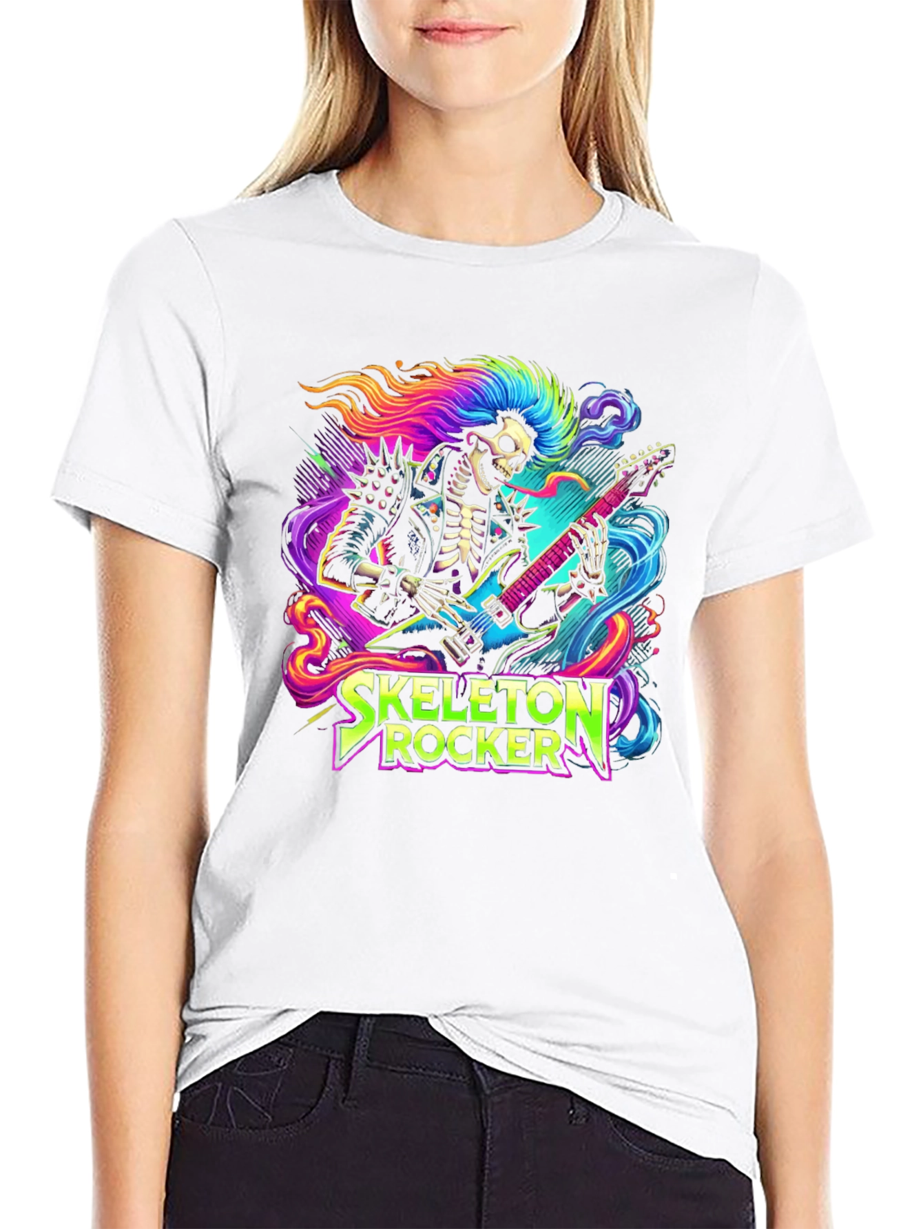 Skeleton Rocker T-Shirt - Neon Punk Design
