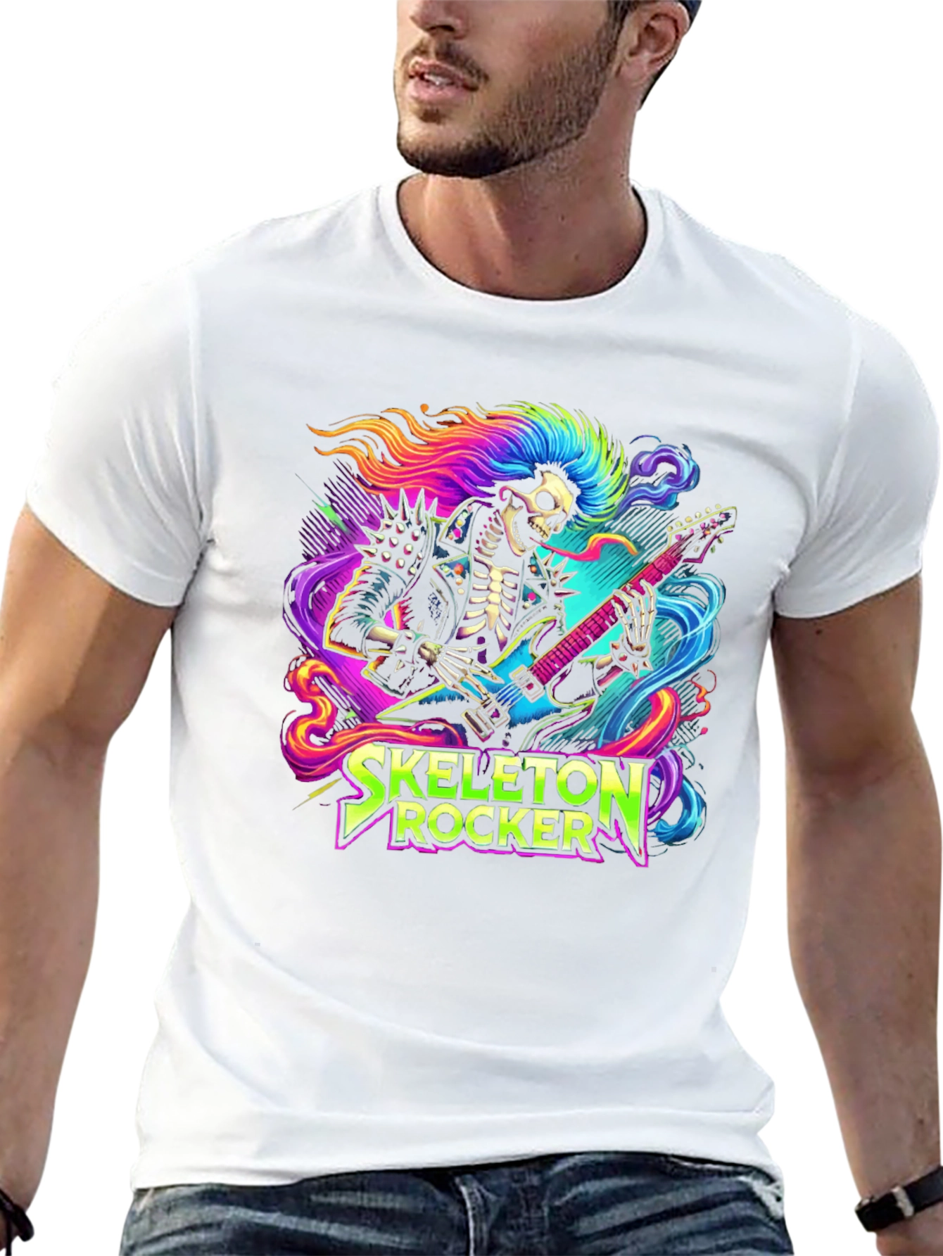 Skeleton Rocker T-Shirt - Neon Punk Design