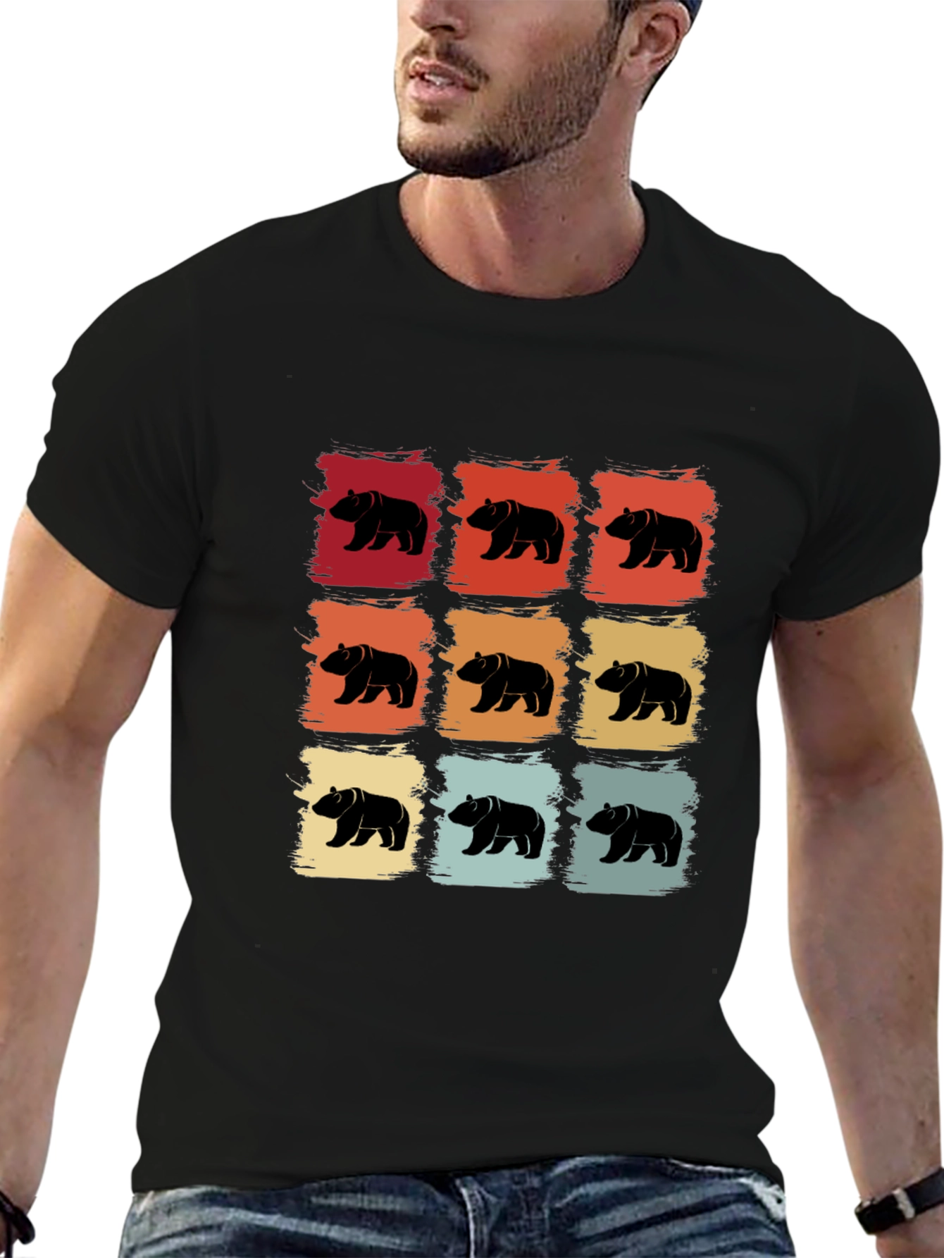 Retro Bear Pattern T-Shirt - Cool Graphic Tee