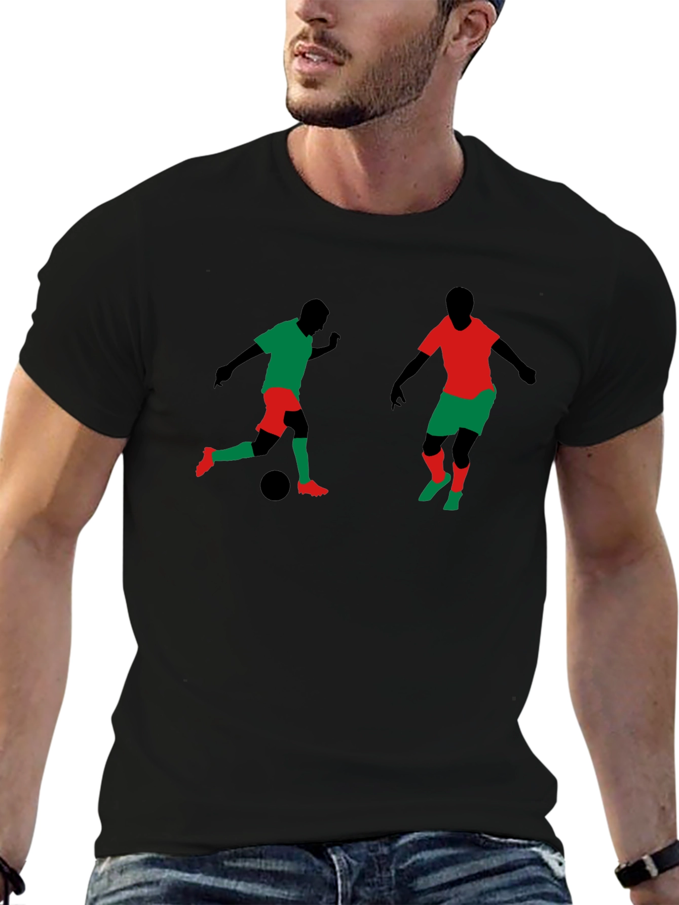 Soccer Players Graphic Tee - Black Cotton T-Shirt
