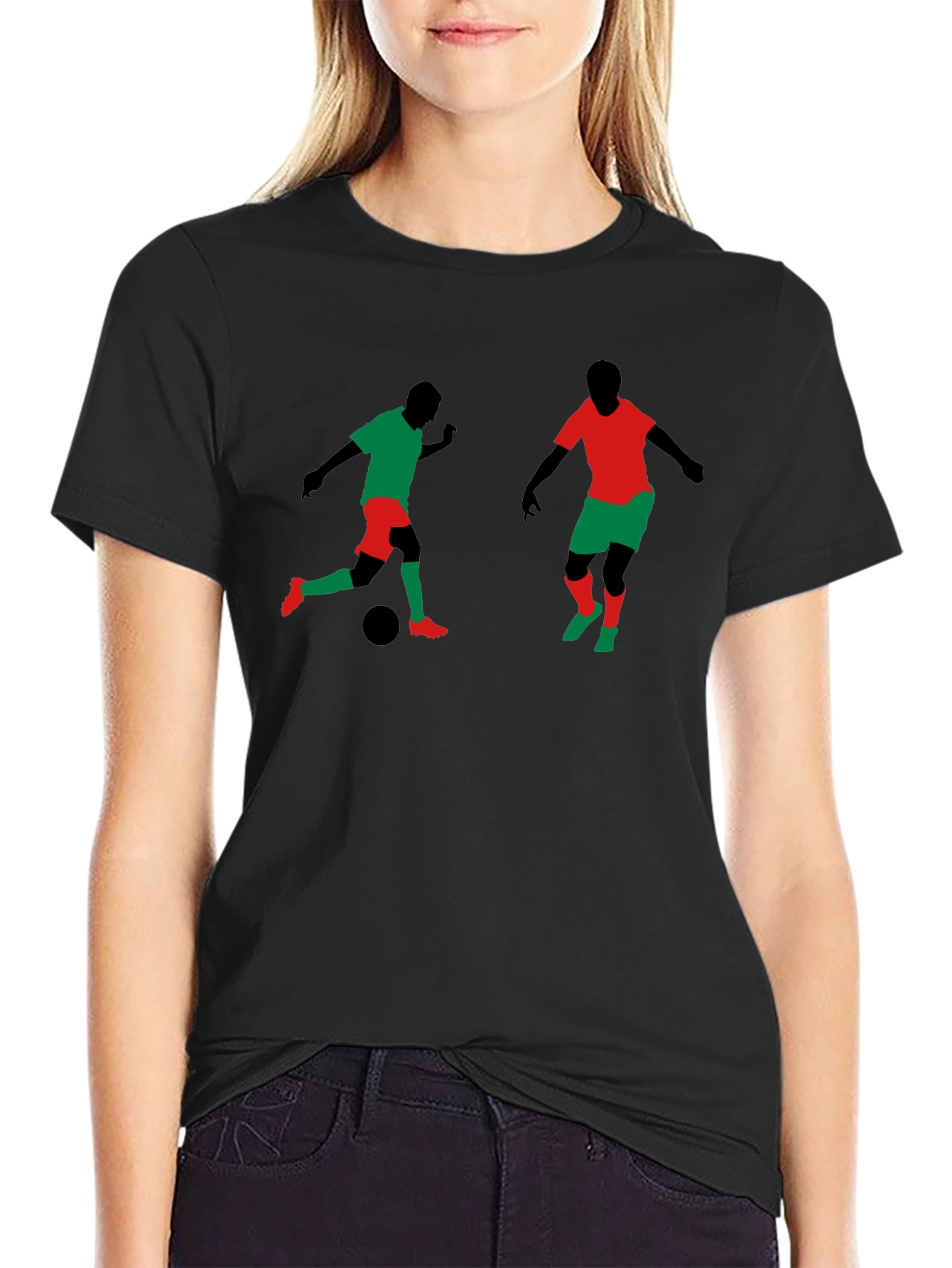 Soccer Players Graphic Tee - Black Cotton T-Shirt