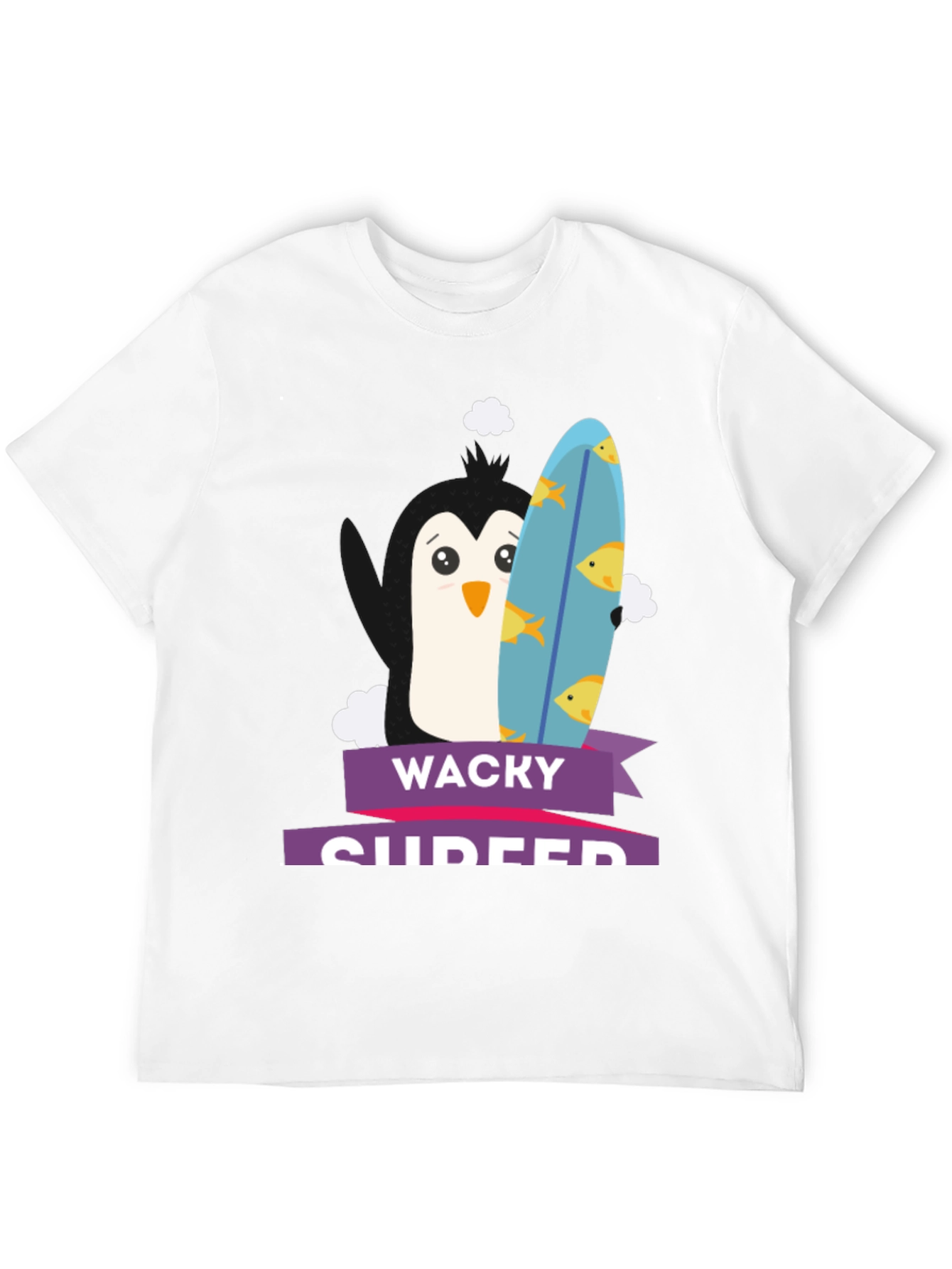 Wacky Surfer Penguin Graphic Tee - Black Cotton T-Shirt