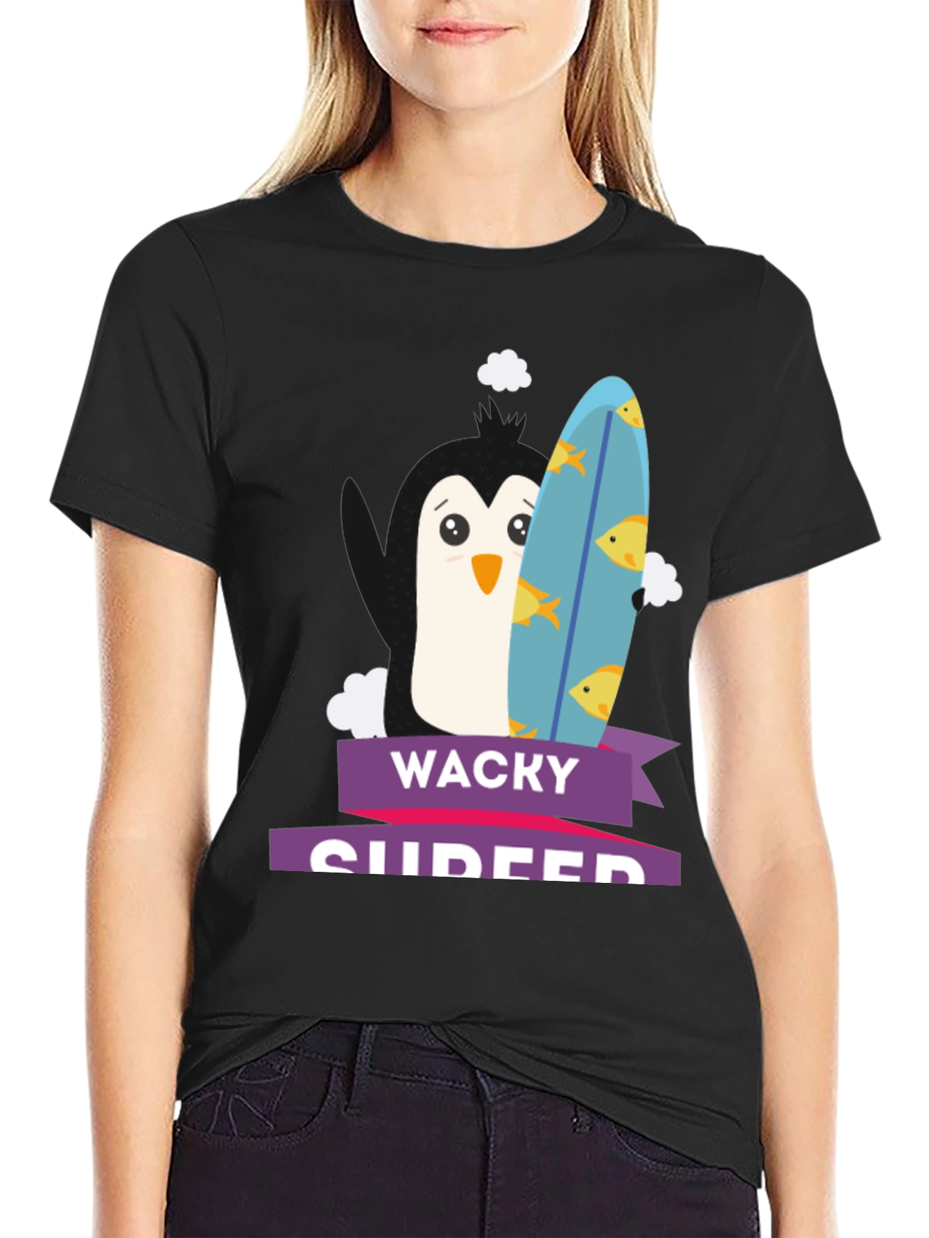 Wacky Surfer Penguin Graphic Tee - Black Cotton T-Shirt