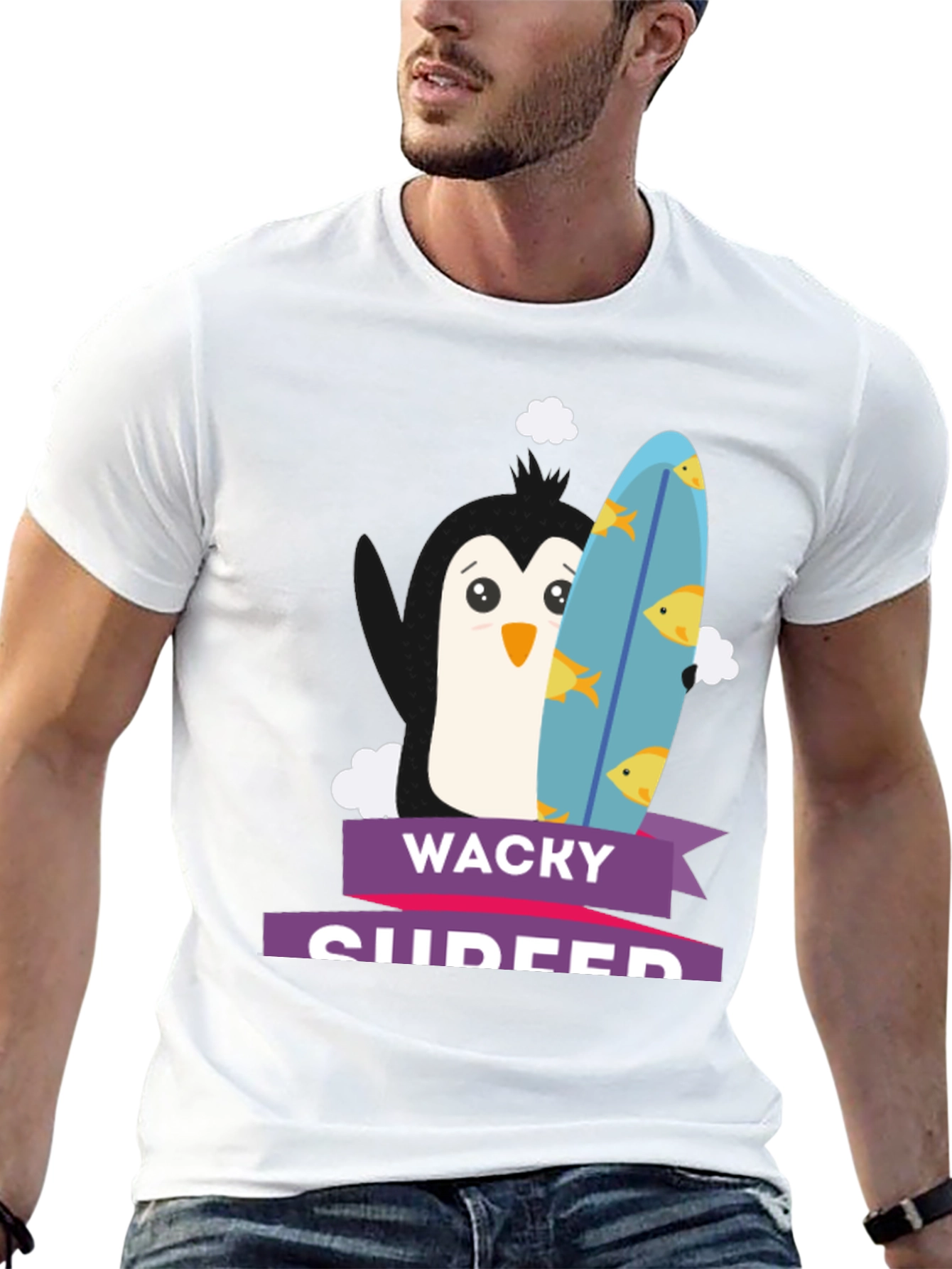 Wacky Surfer Penguin Graphic Tee - Black Cotton T-Shirt
