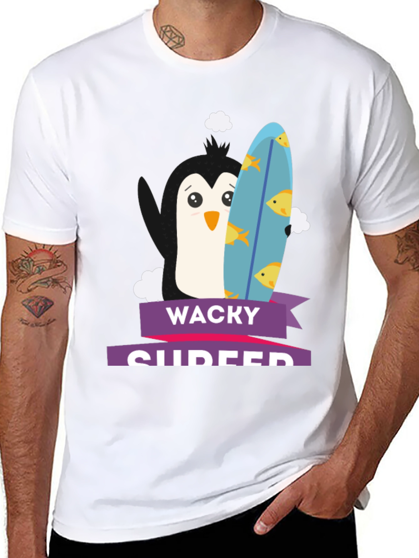 Wacky Surfer Penguin Graphic Tee - Black Cotton T-Shirt