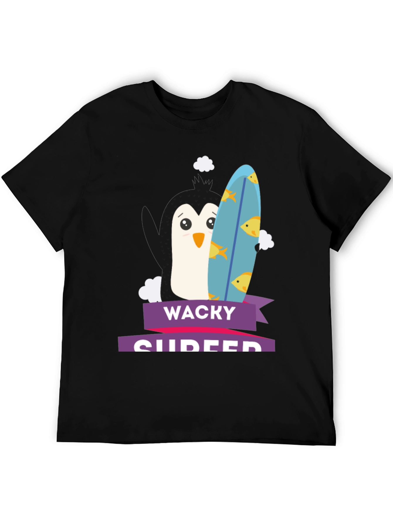 Wacky Surfer Penguin Graphic Tee - Black Cotton T-Shirt