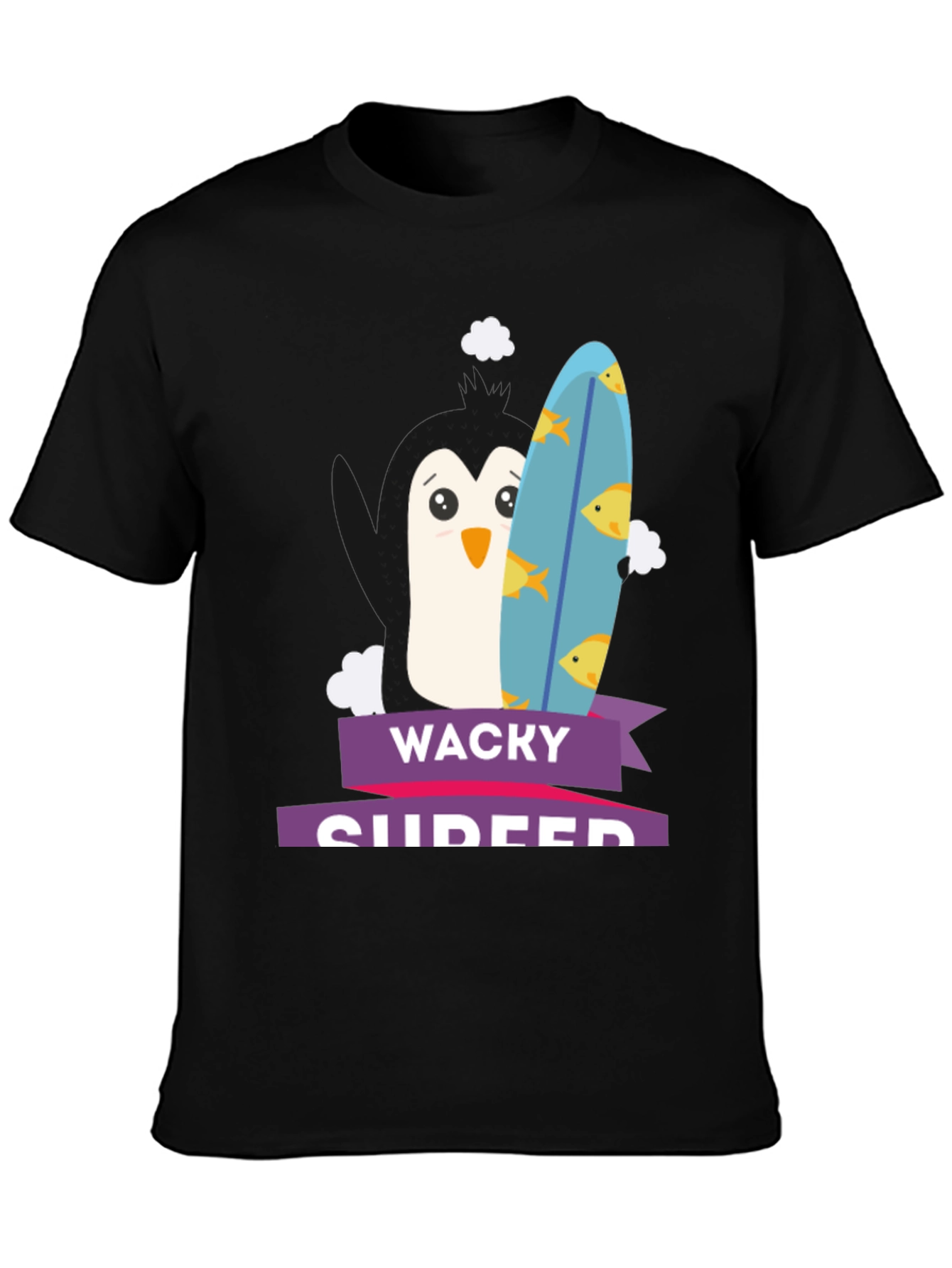 Wacky Surfer Penguin Graphic Tee - Black Cotton T-Shirt