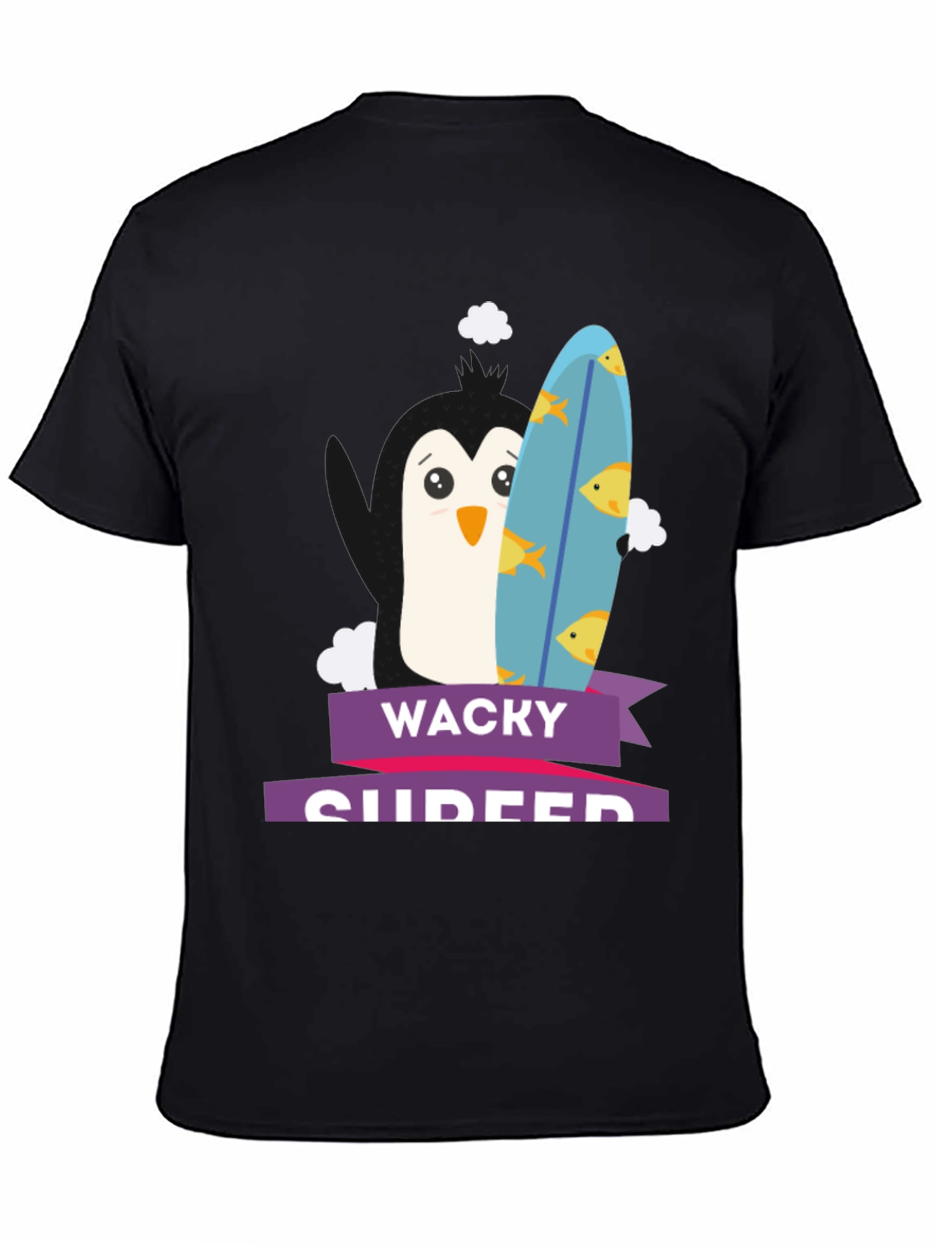 Wacky Surfer Penguin Graphic Tee - Black Cotton T-Shirt