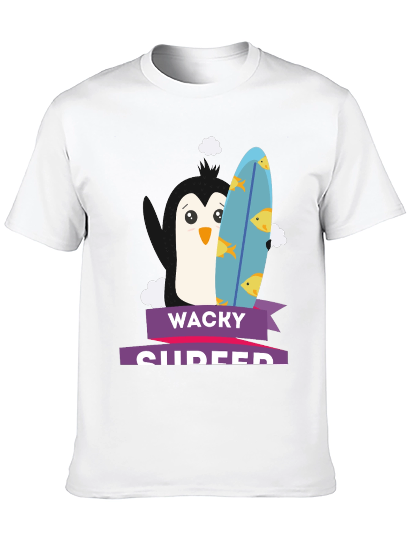 Wacky Surfer Penguin Graphic Tee - Black Cotton T-Shirt