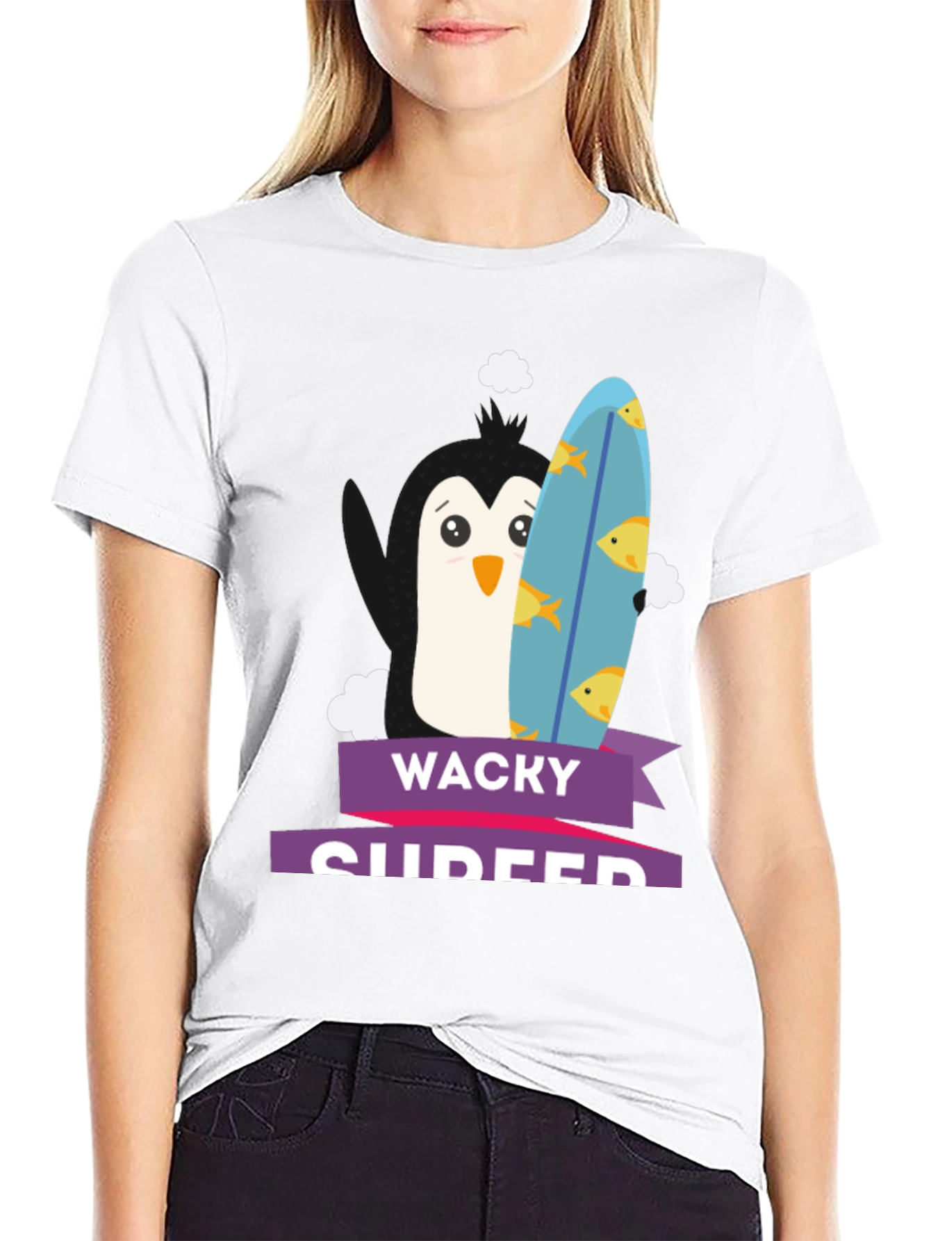 Wacky Surfer Penguin Graphic Tee - Black Cotton T-Shirt