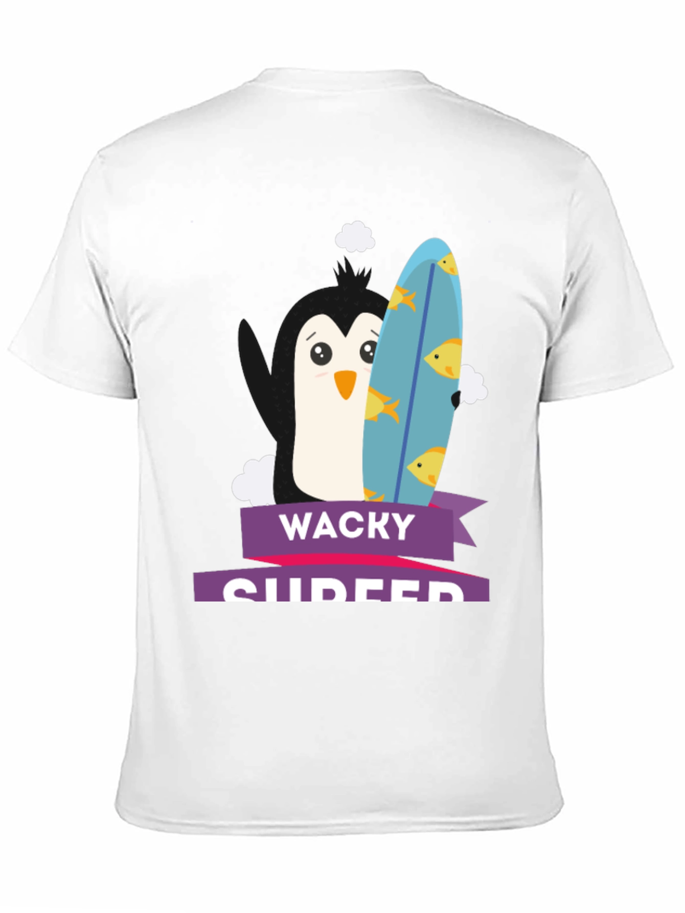 Wacky Surfer Penguin Graphic Tee - Black Cotton T-Shirt