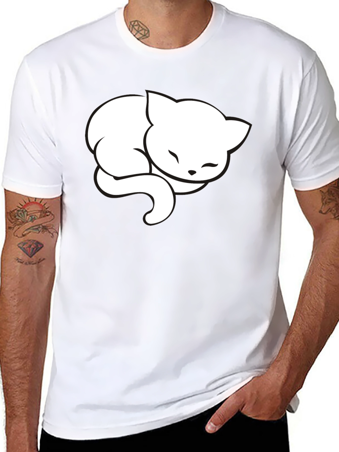 Cute Sleeping Cat Graphic Tee - Black Cotton Blend