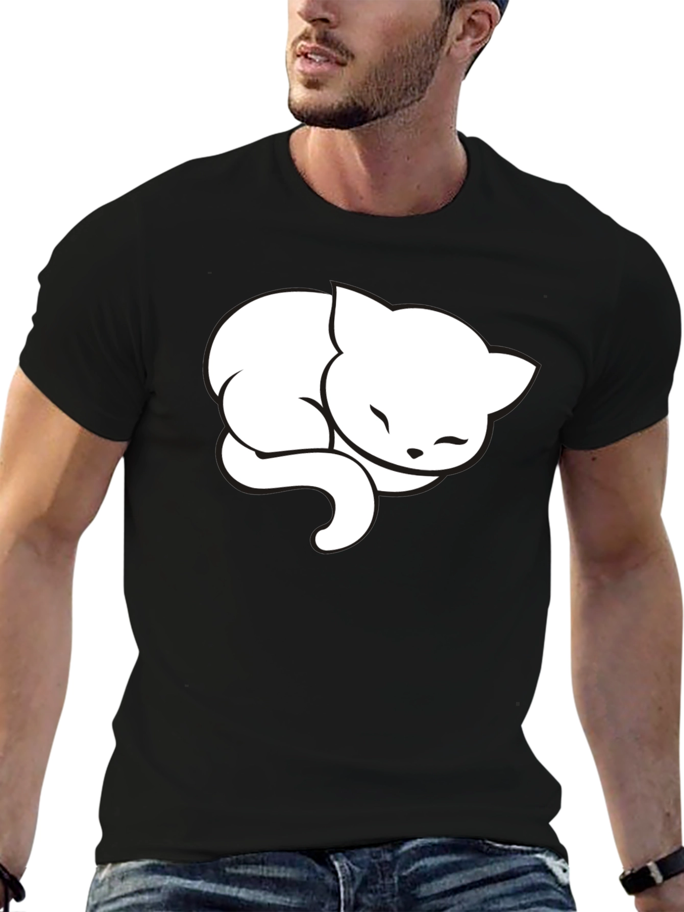 Cute Sleeping Cat Graphic Tee - Black Cotton Blend