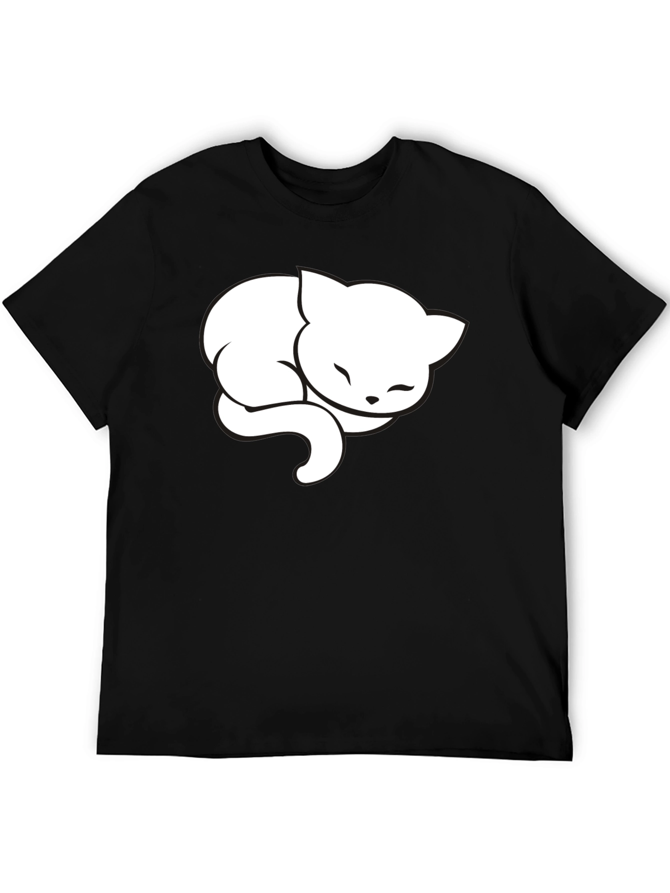 Cute Sleeping Cat Graphic Tee - Black Cotton Blend