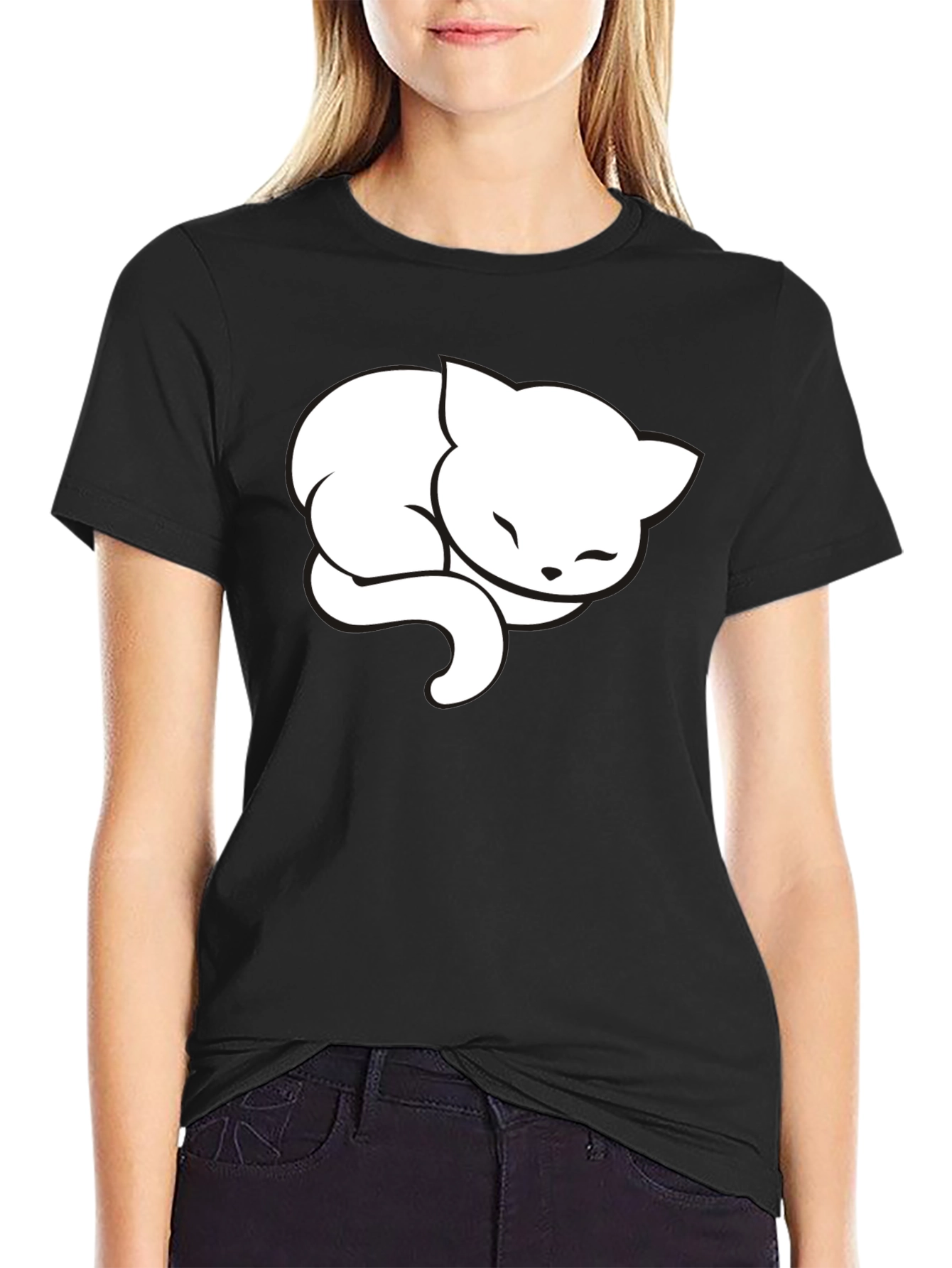 Cute Sleeping Cat Graphic Tee - Black Cotton Blend