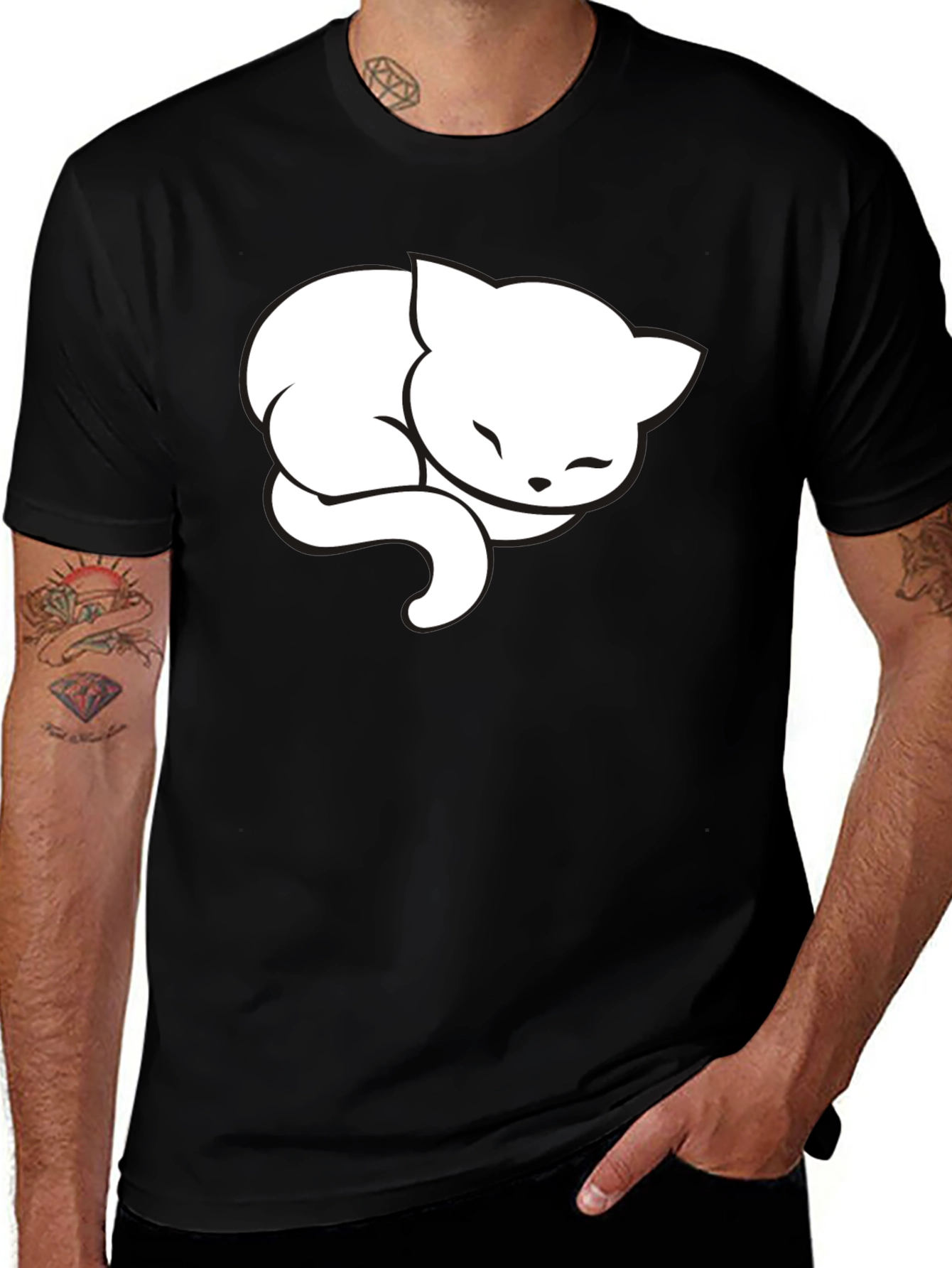 Cute Sleeping Cat Graphic Tee - Black Cotton Blend