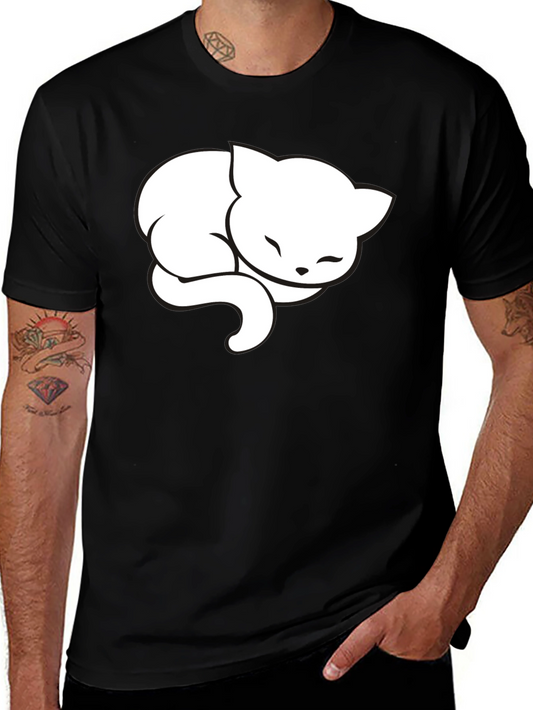Cute Sleeping Cat Graphic Tee - Black Cotton Blend