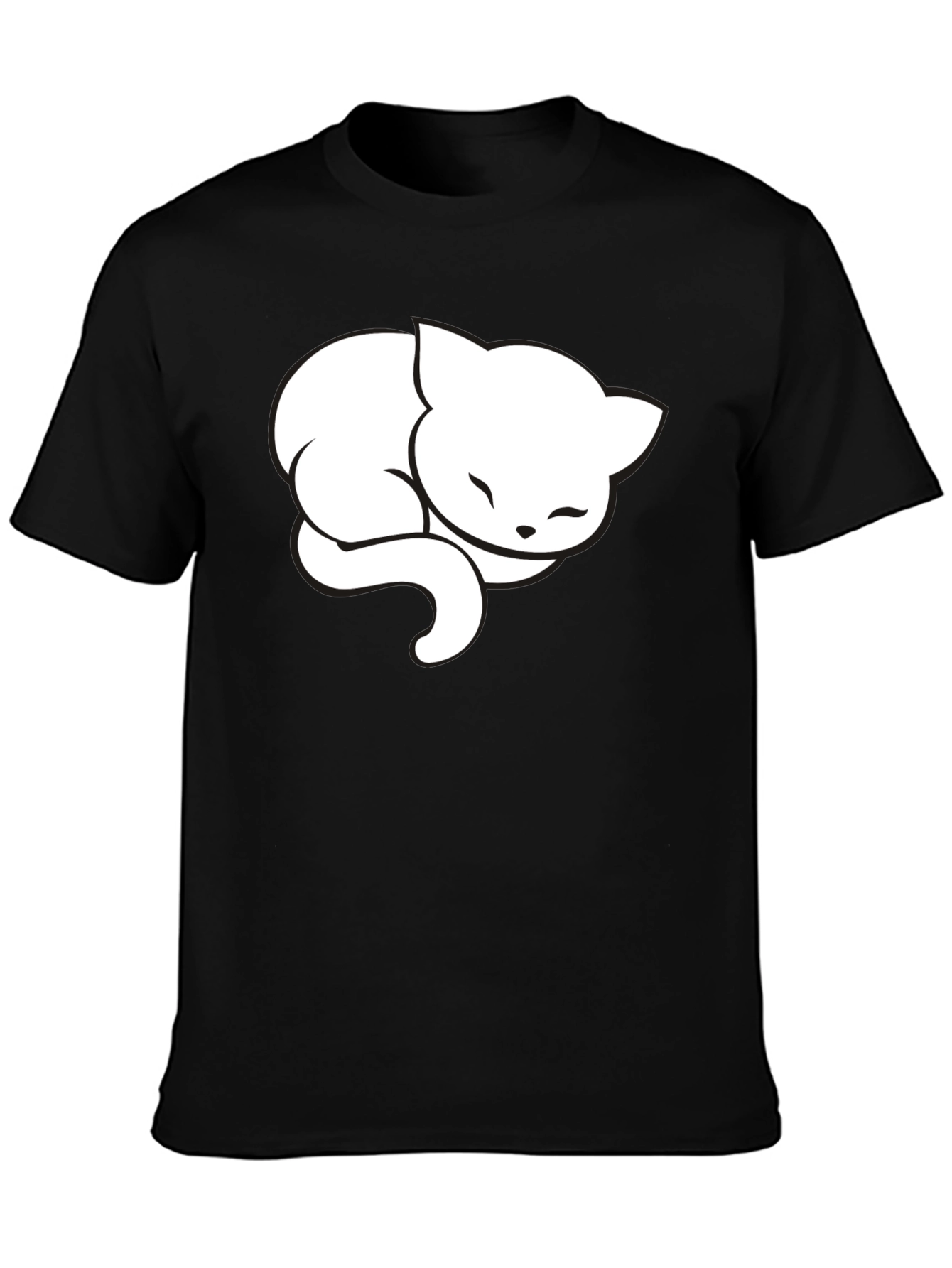 Cute Sleeping Cat Graphic Tee - Black Cotton Blend