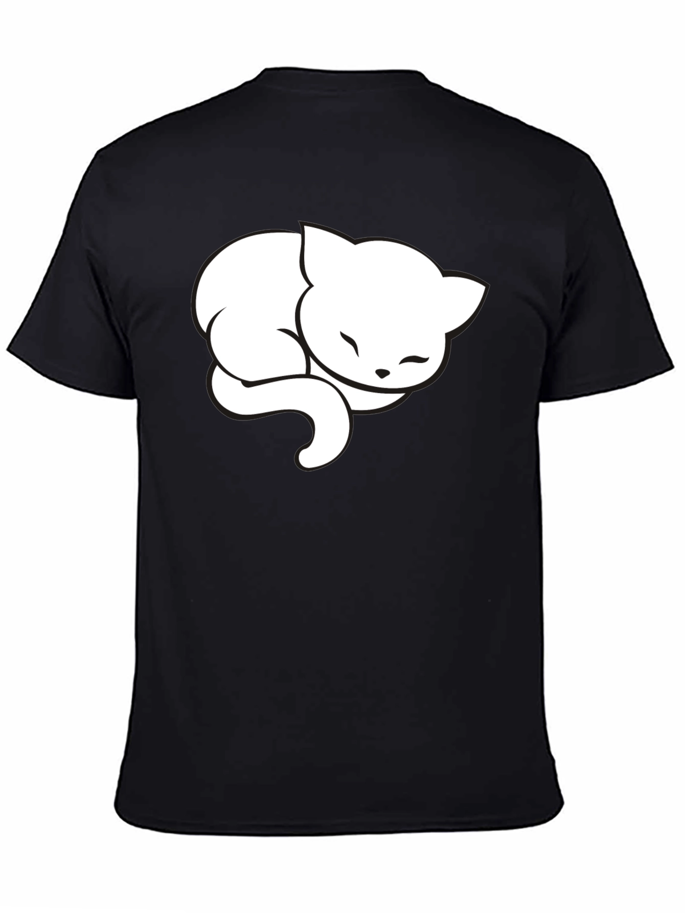 Cute Sleeping Cat Graphic Tee - Black Cotton Blend