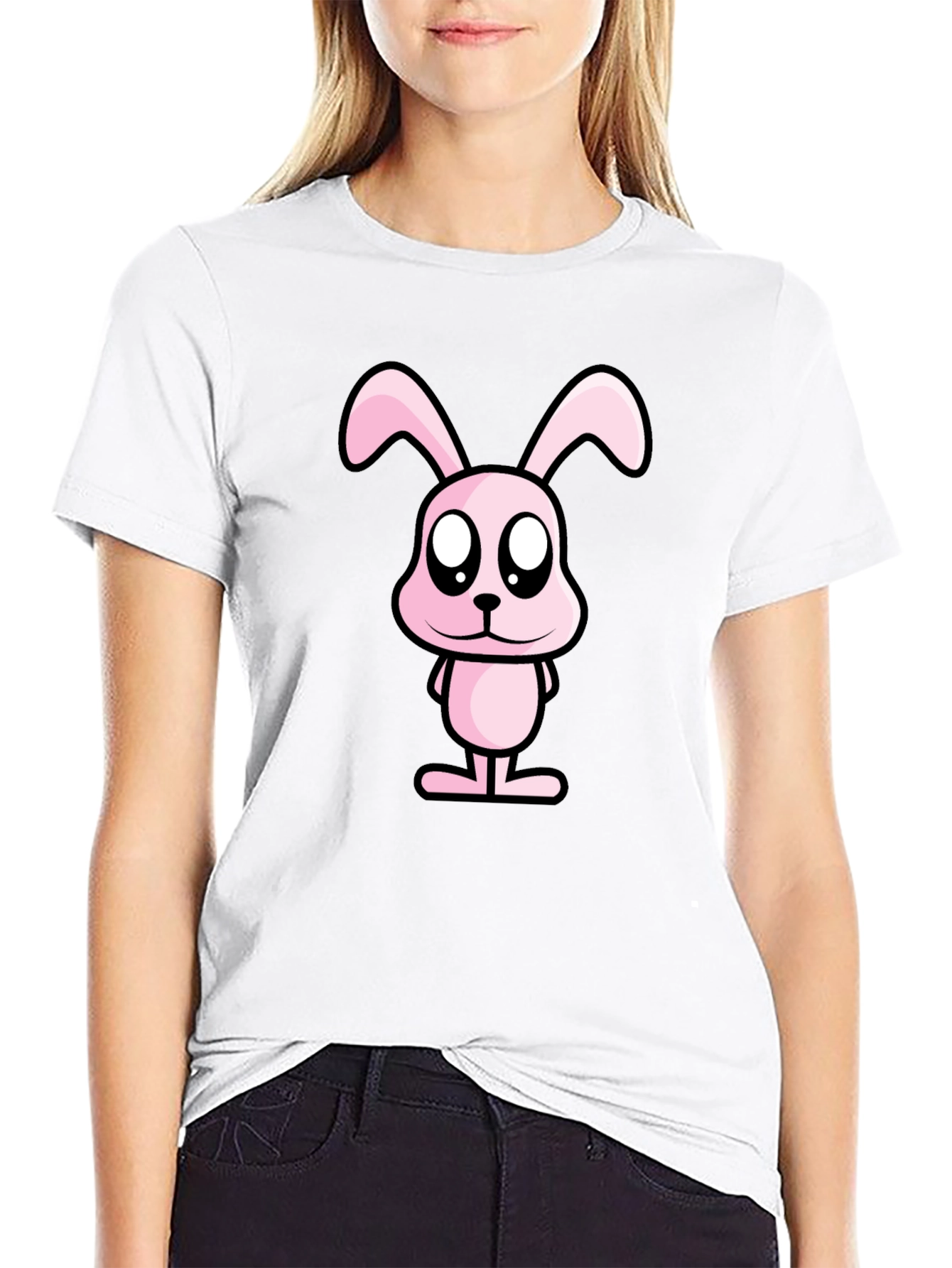 Pink Bunny Graphic Tee - Black Cotton Casual Shirt