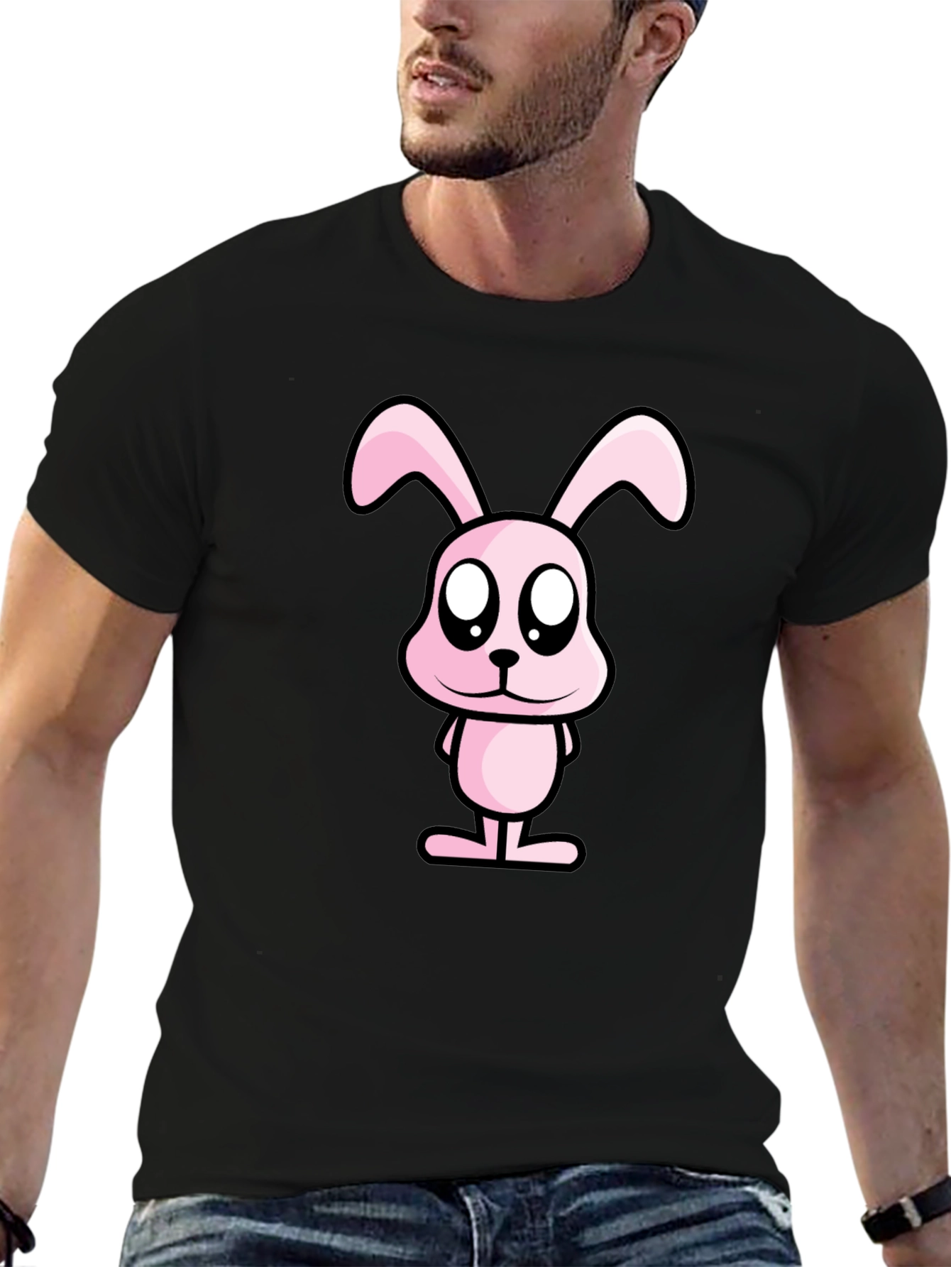 Pink Bunny Graphic Tee - Black Cotton Casual Shirt