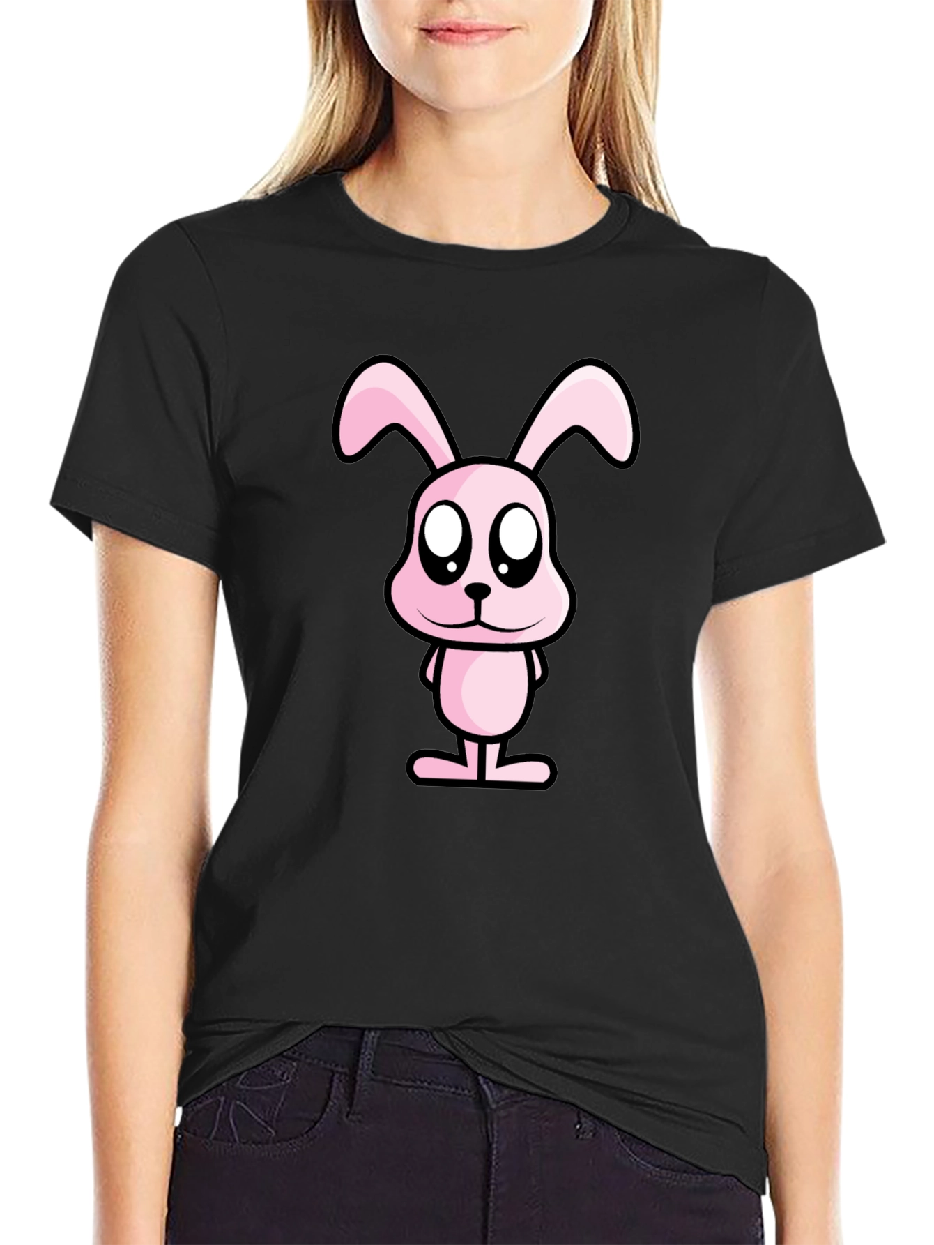 Pink Bunny Graphic Tee - Black Cotton Casual Shirt
